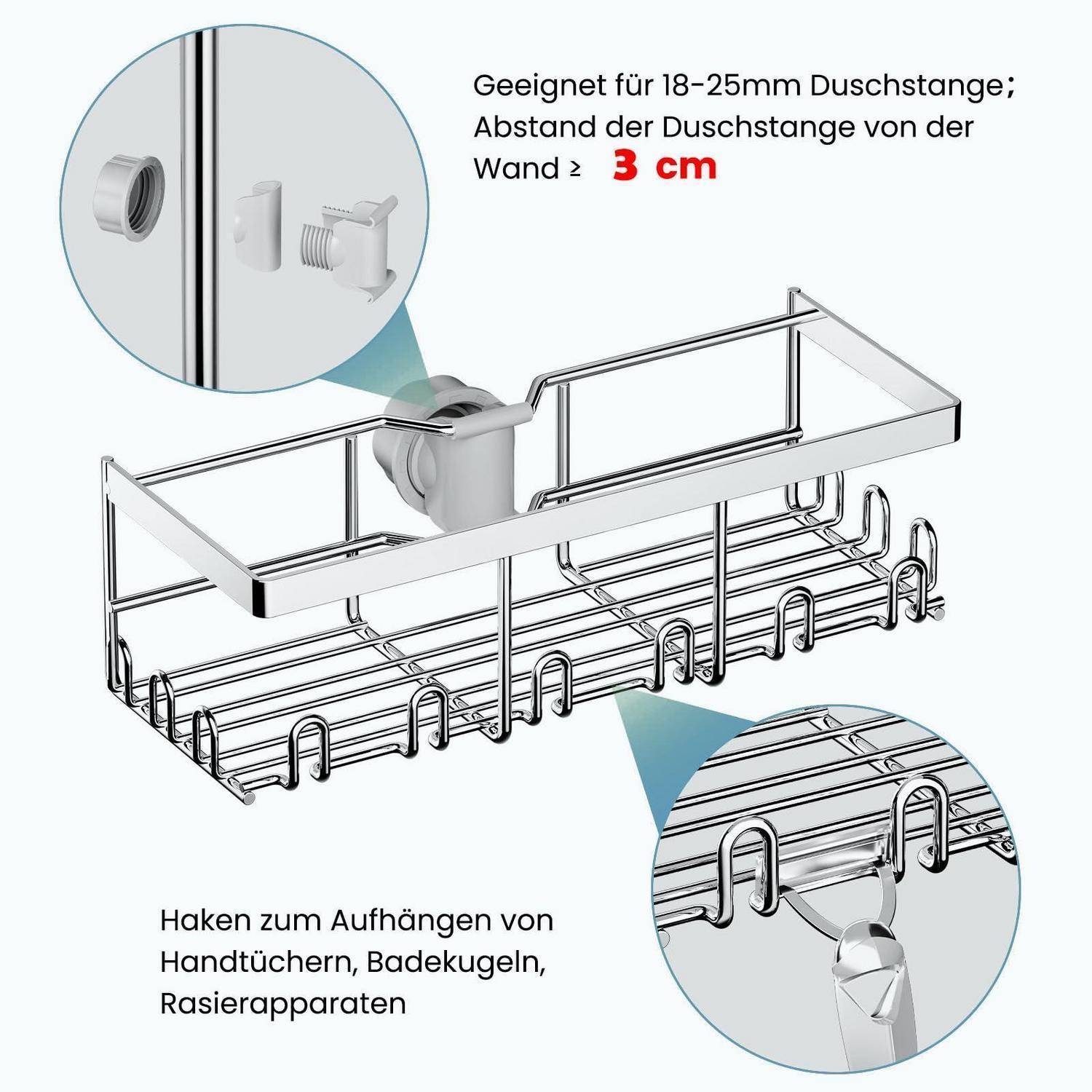 Chrom-Duschablage hängt an einer 18-25 mm Duschstange, benötigt 3 cm Wandabstand; Haken halten Handtücher, Badekugeln und Rasierer.