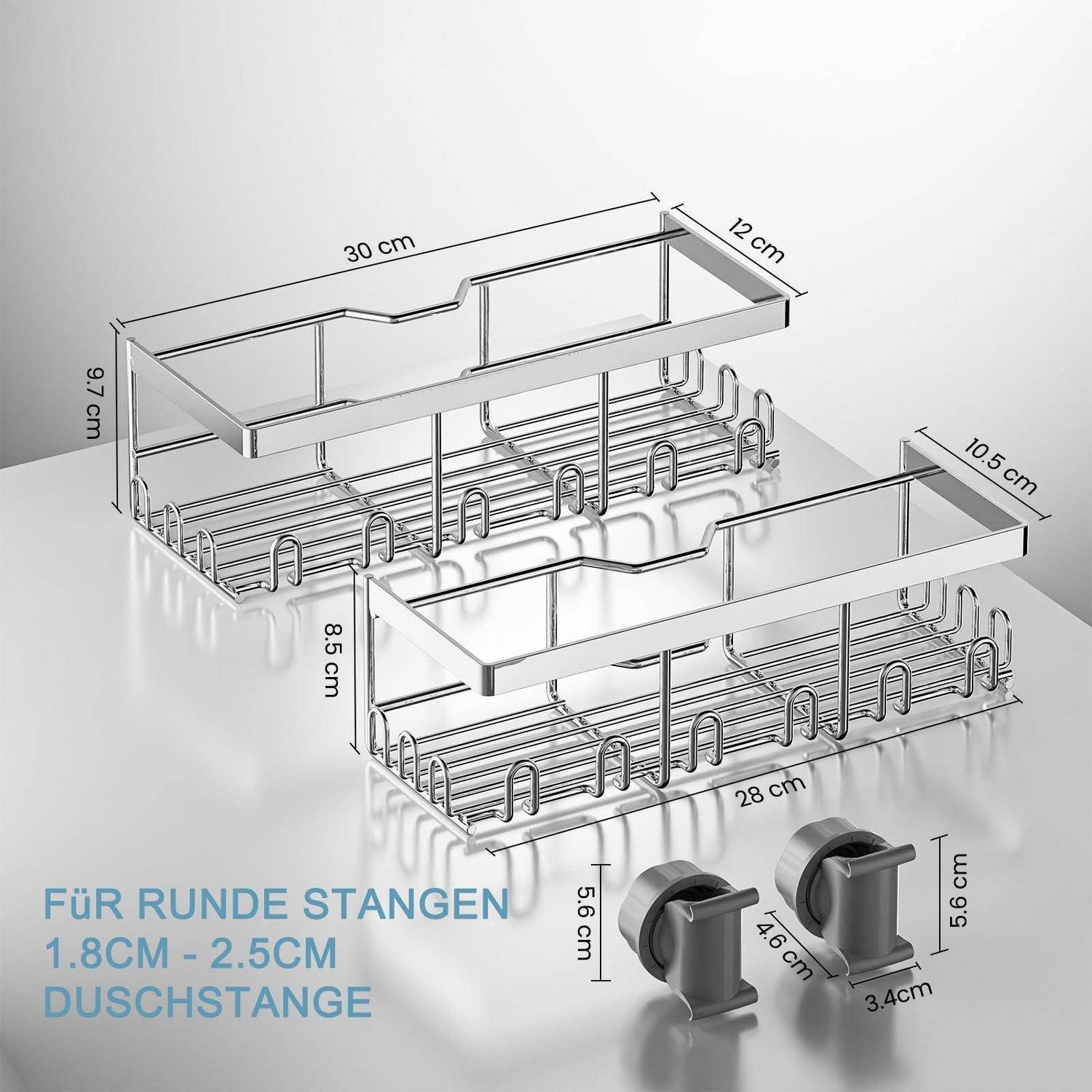 Verchromtes Duschablage-Set für runde Duschstangen, mit zwei Regalen mit Maßstabsangaben und zwei Befestigungsklemmen für Stangen mit 1,8–2,5 cm Durchmesser.