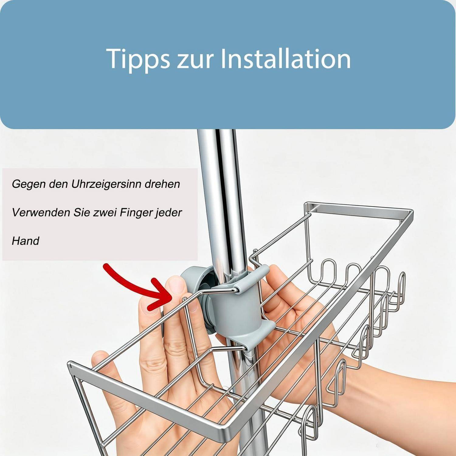 Deutsches Installationshandbuch, das Hände zeigt, die einen Drahtkorb gegen den Uhrzeigersinn auf einer Stange drehen; der Text besagt, zwei Finger an jeder Hand zu verwenden.