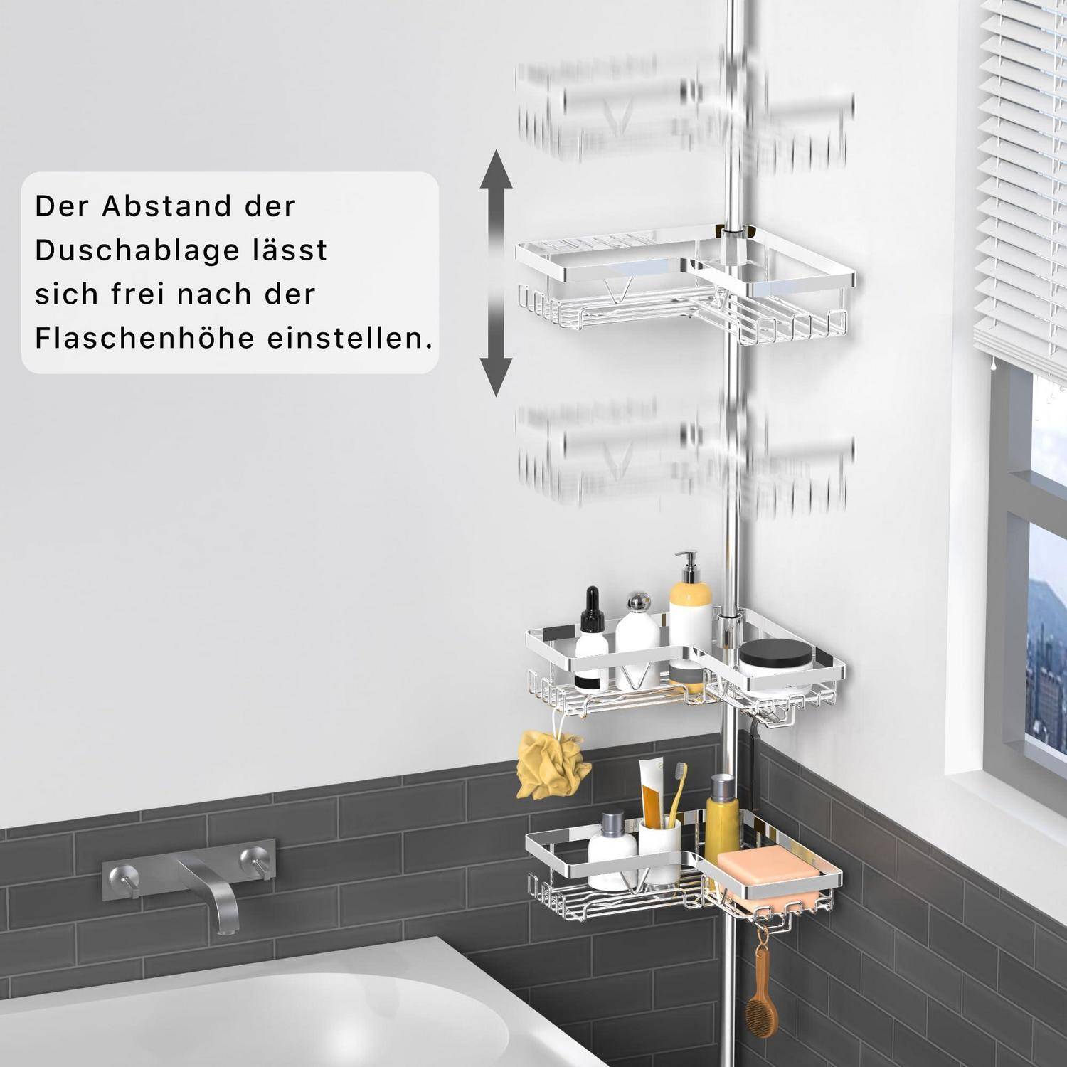 Badezimmer-Eckduschregal mit verstellbarer Regalhöhe; deutscher Text besagt, dass der Regalsperrraum je nach Flaschenhöhe frei eingestellt werden kann.