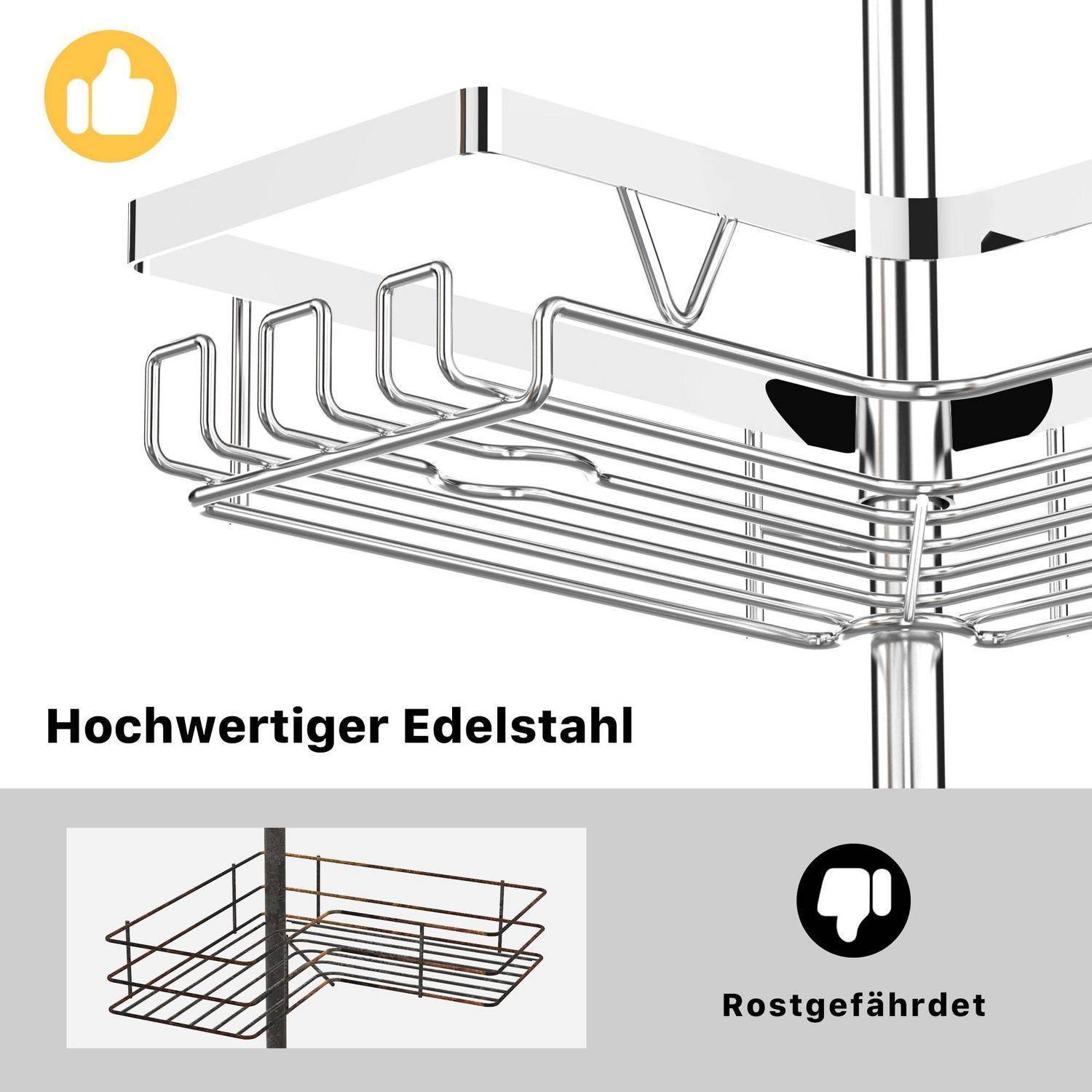 Produktbild eines verchromten Edelstahl-Eckduschkorbs mit Haken, gekennzeichnet mit „Hochwertiger Edelstahl" und „Rostgefährdet"" zum Vergleich.