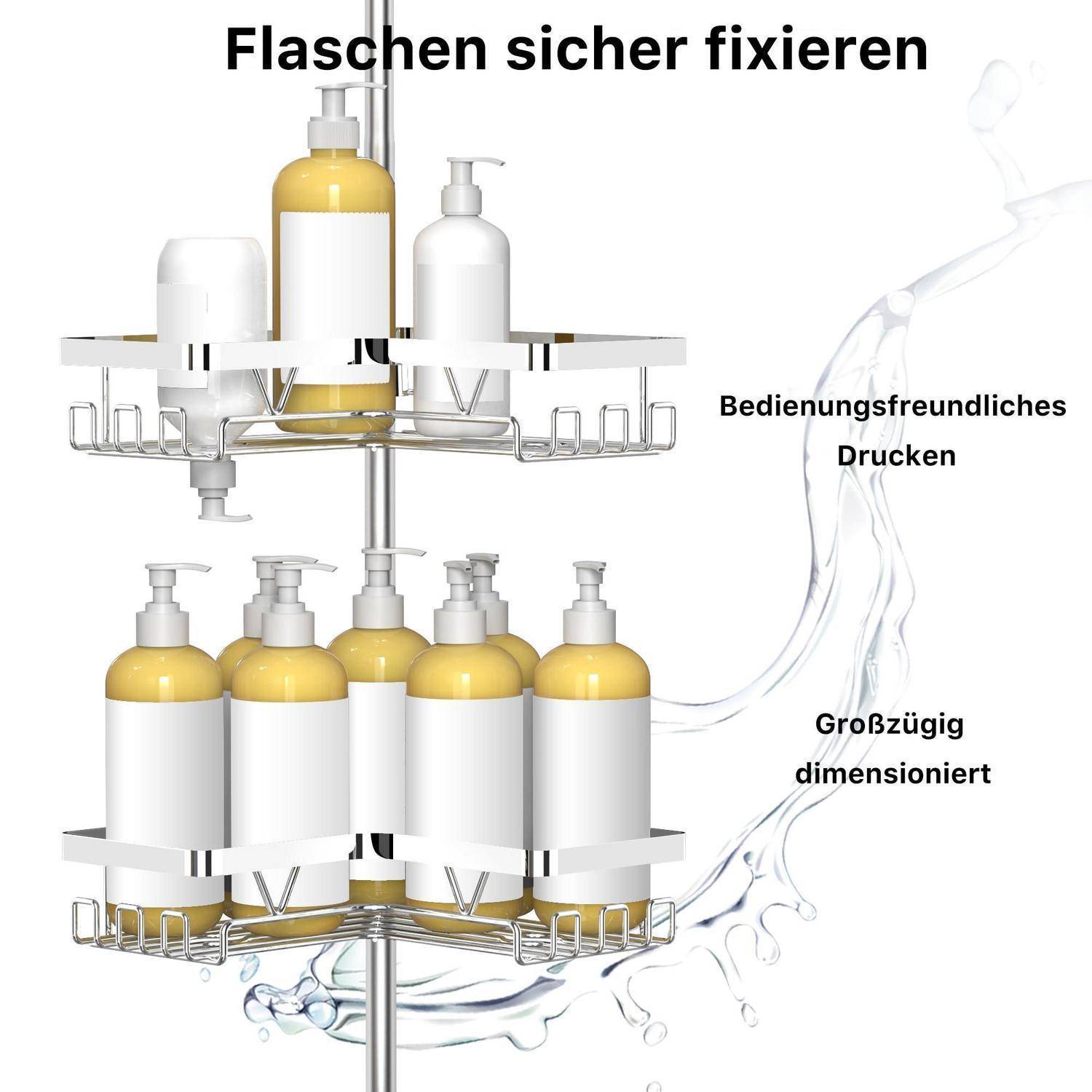 Zweilagiges rotierendes Badezimmerregal mit mehreren Seifenflaschen, mit deutschem Text „Flaschen sicher fixieren" und Beschriftungen, die einfaches Drücken und großzügige Größenangaben hervorheben.