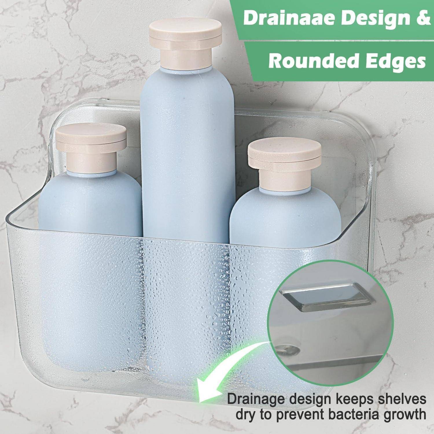 Klarer abgerundeter Lagerbehälter mit drei Pastellflaschen, mit Ausschnitt, der ein Drainagedesign zeigt, das Regale trocken hält und das Bakterienwachstum verhindert.