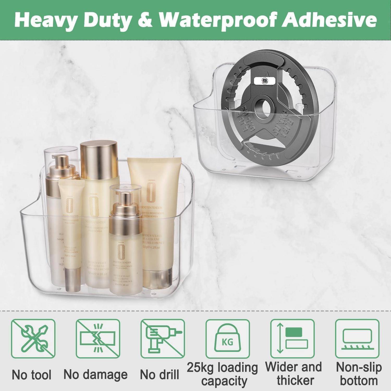 Klare Haftungsorganizer für die Wand mit Saugnapfhalterung für Toilettenartikel; beworben als Heavy-Duty, wasserdicht, werkzeuglos, bohrfrei, 25 kg Tragfähigkeit und rutschfest.