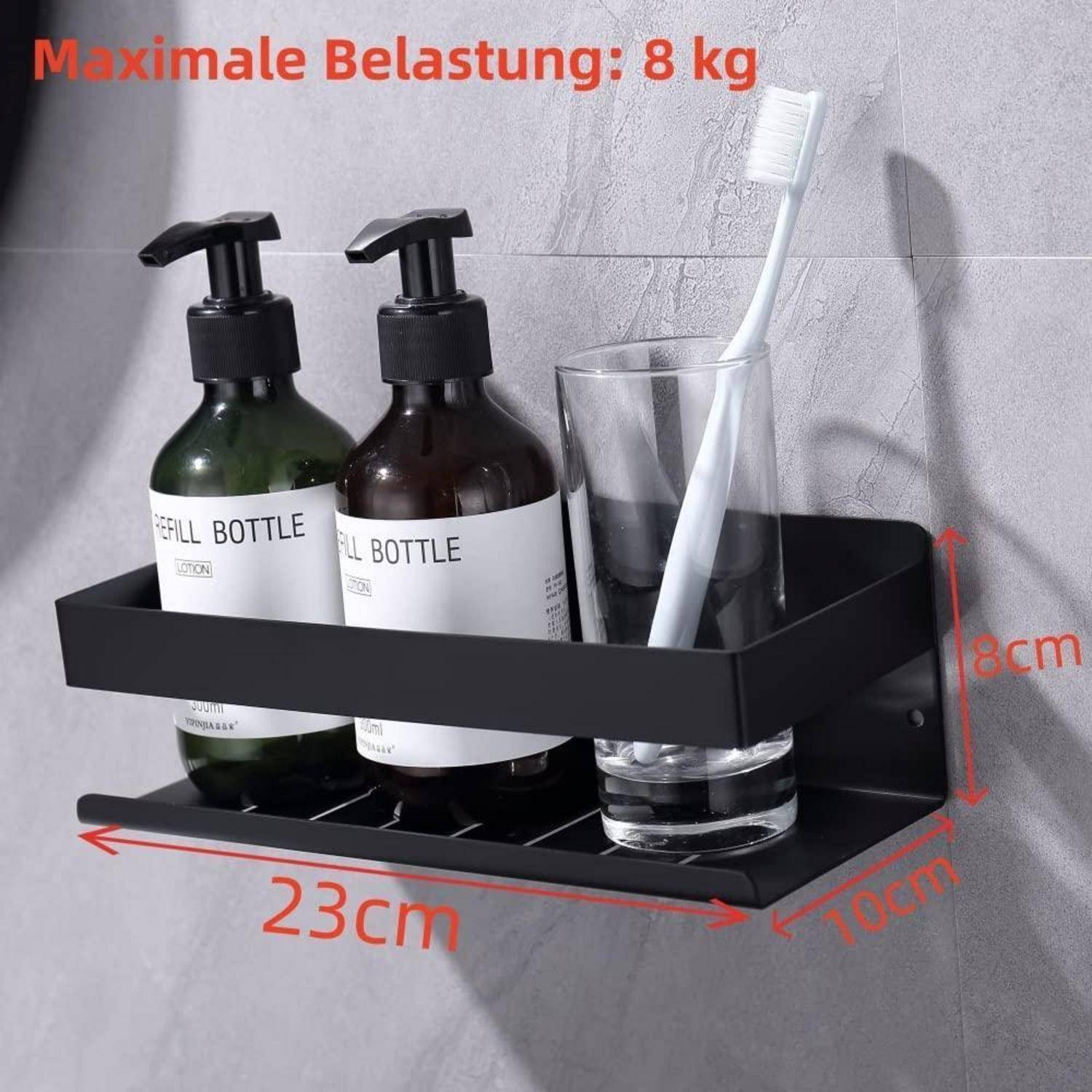 Schwarzes an der Wand montiertes Badezimmurregal, das zwei Pumpflaschen und eine Zahnbürste in einem Glas hält, mit Abmessungen von 23 cm x 10 cm x 8 cm und der Beschriftung „Maximale Belastung: 8 kg".