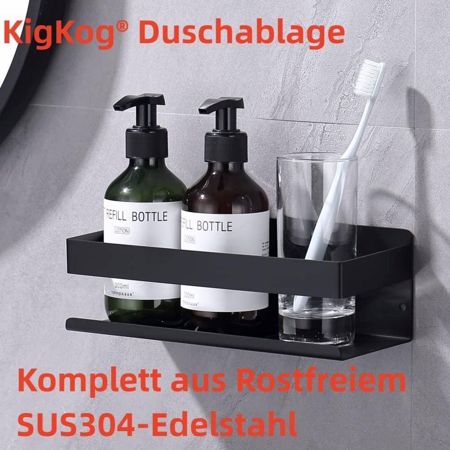 An der Wand montiertes schwarzes Edelstahlbad-Regal, das zwei Pumpflaschen, eine Zahnbürste in einem Glas und einen Rasierer hält; deutscher Text bewirbt "KigKog Duschablage"" und Edelstahl SUS304.