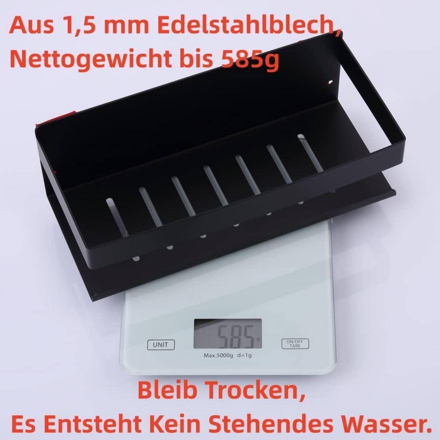 Schwarzer Stahlbehälter mit Schlitzboden auf einer digitalen Waage, mit deutschem Text, der 1,5 mm Stahlblech, Nettogewicht bis 585 g und trocken bleibend ohne Staunässe angibt.