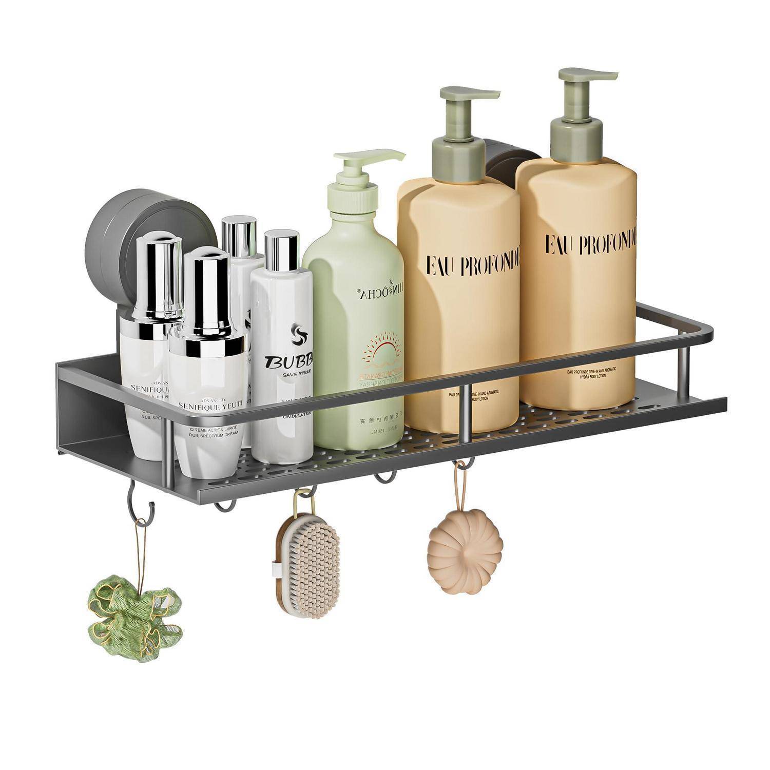 An der Wand montiertes Duschregal mit Shampoo, Lotion und Toilettenartikeln, mit Hängehaken für Badezubehör.