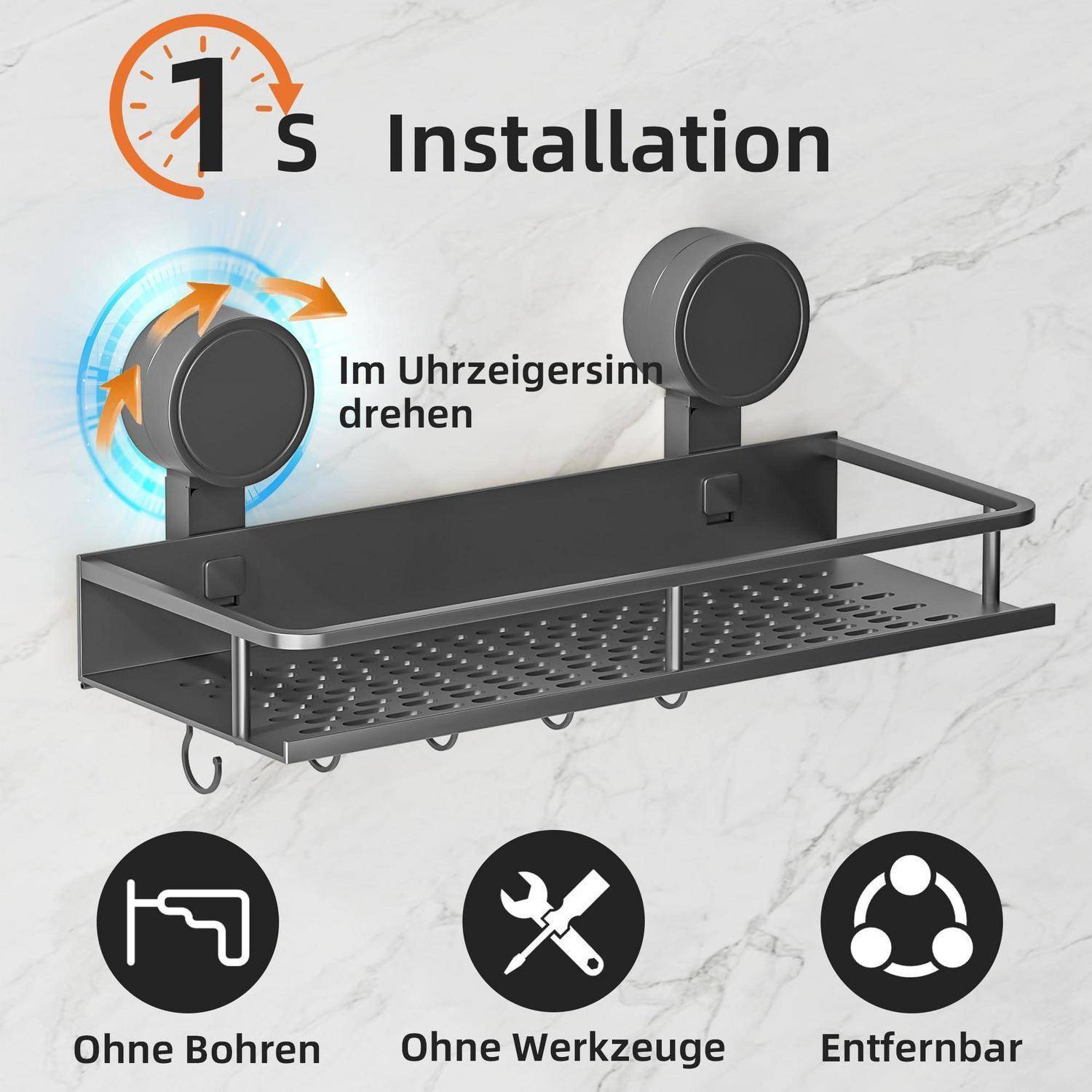 Installationsanleitung für ein Wandregal: Drehen Sie den linken Drehknopf im Uhrzeigersinn, mit Symbolen für Bohrung nicht erforderlich, kein Werkzeug erforderlich und abnehmbar.