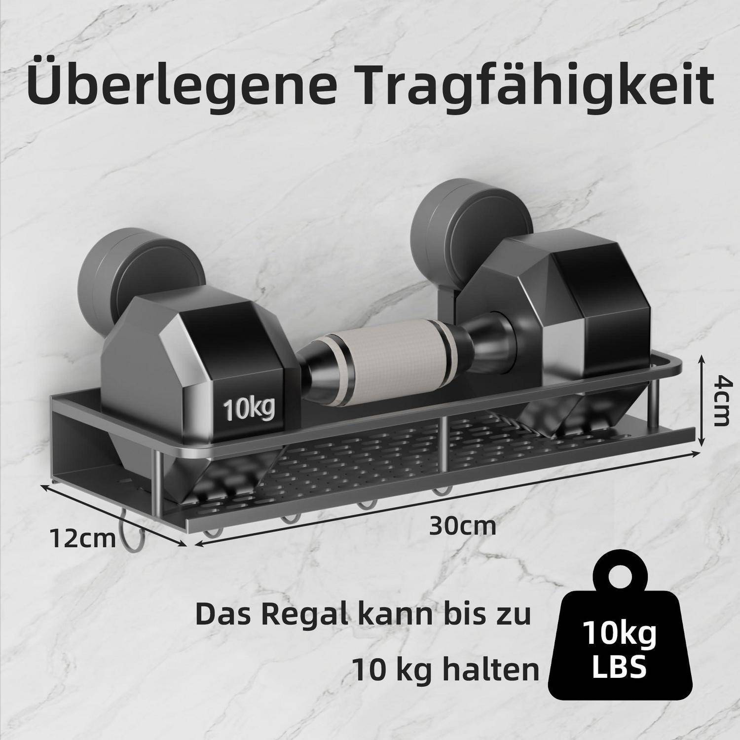 Produktbild eines wandmontierten Lagerschranks, der Hanteln und eine Rolle hält, mit der Bezeichnung „Überlegene Tragfähigkeit" und „Das Regal kann bis zu 10 kg halten""; Abmessungen 30 cm x 12 cm x 4 cm.