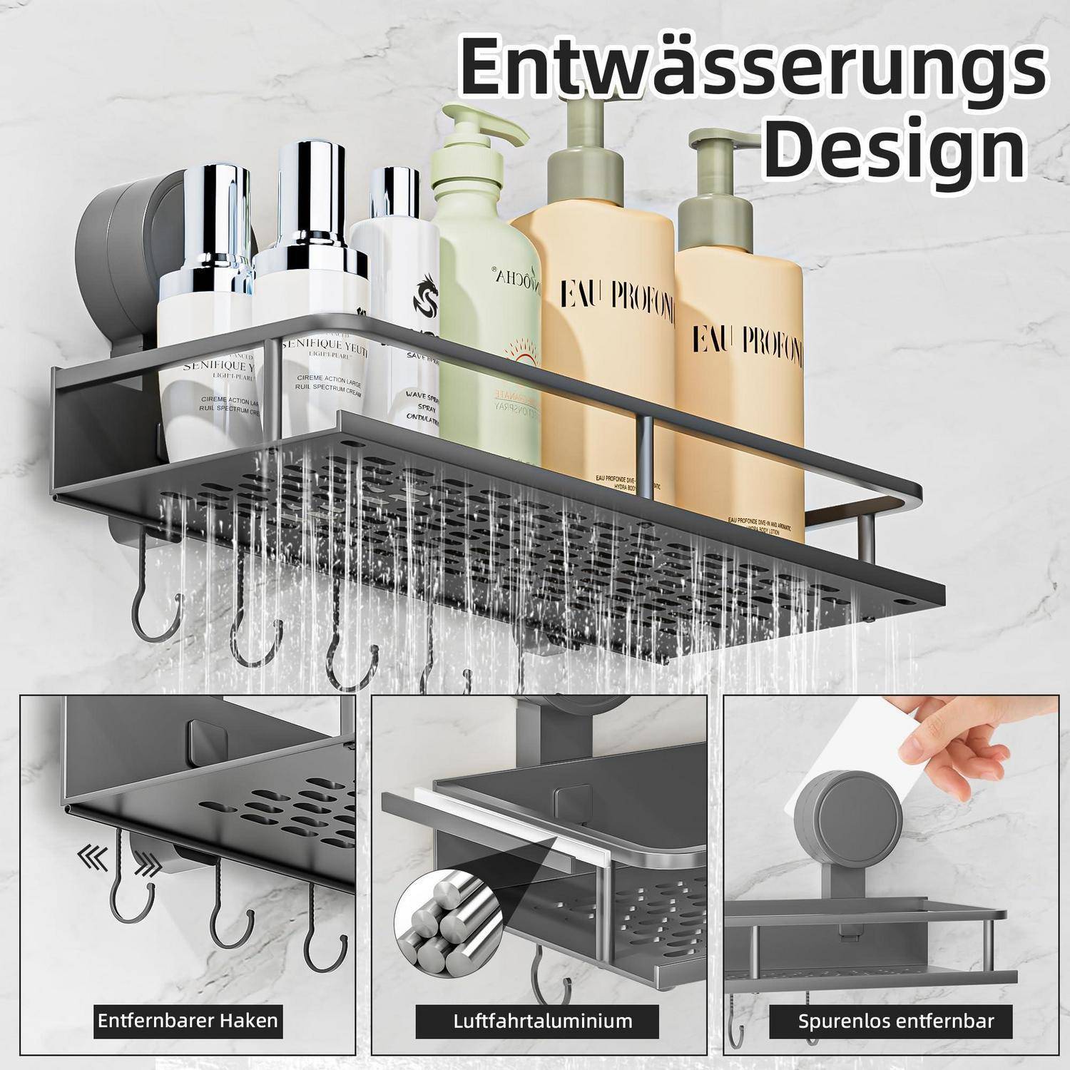 Wandmontiertes Duschablage mit Entwässerungslöchern und abnehmbaren Haken, gezeigt mit Flaschen; Text hebt hervor: 'Entwässerungs Design', 'Entfernbarer Haken', 'Luftfahrtaluminium', 'Spurenlos entfernbar'.