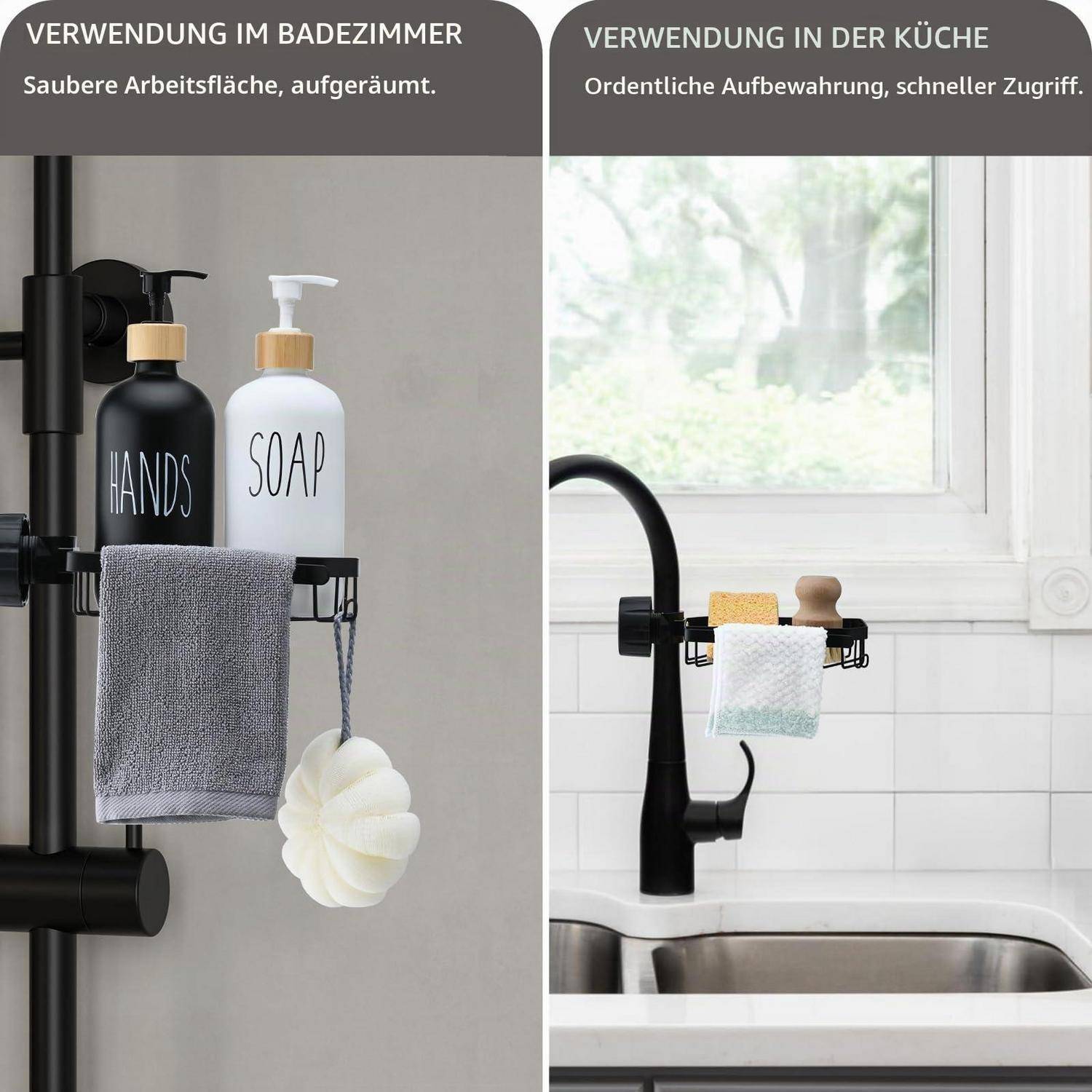 Geteiltes Bild, das eine Spülbecken-Caddy für Badezimmer und Küche zeigt; hält Seife, ein Handtuch und einen Schwamm für organisierte, leicht zugängliche Aufbewahrung