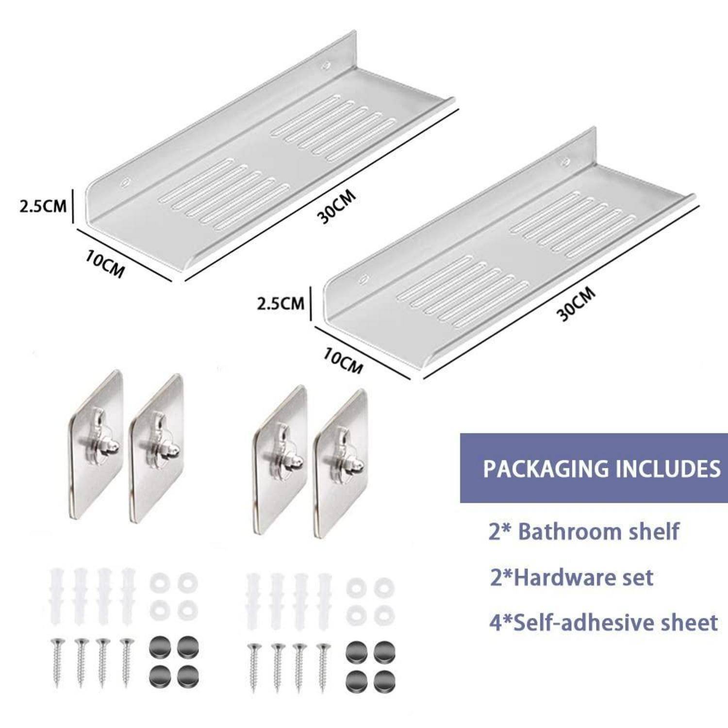 Produktdiagramm mit zwei 30 cm x 10 cm Edelstahl-Badezimmerregalen, 2,5 cm hoch, mit Montagezubehör und Verpackungsinhalt: 2 Regale, 2 Montagezubehörsätze, 4 Klebestreifen.
