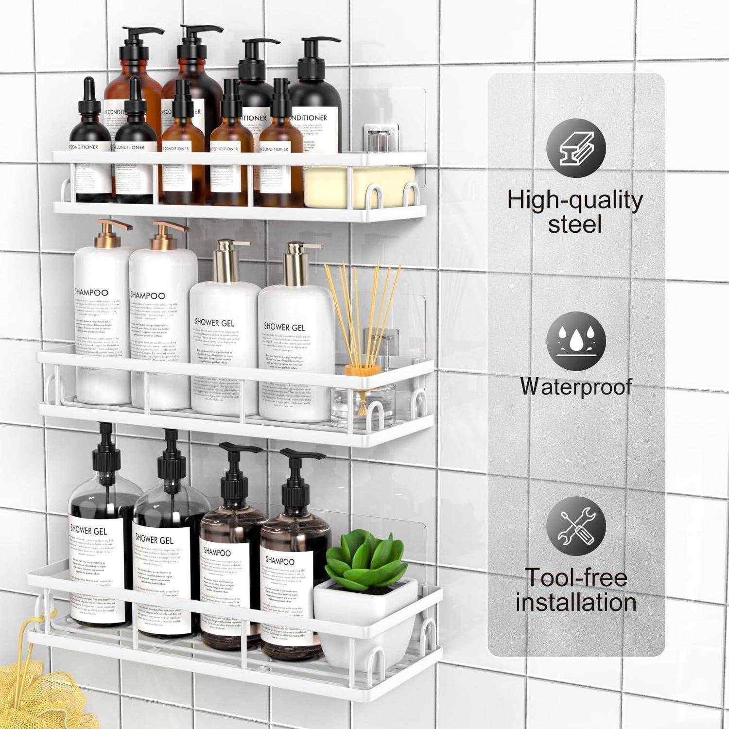 Dreiteilige wandmontierte Badezimmerregal mit Shampoo- und Duschgelflaschen, mit einem Seitenpanel mit den Aufschriften „Hochwertiger Stahl", „Wasserdicht"" und „Werkzeugfreie Installation"".