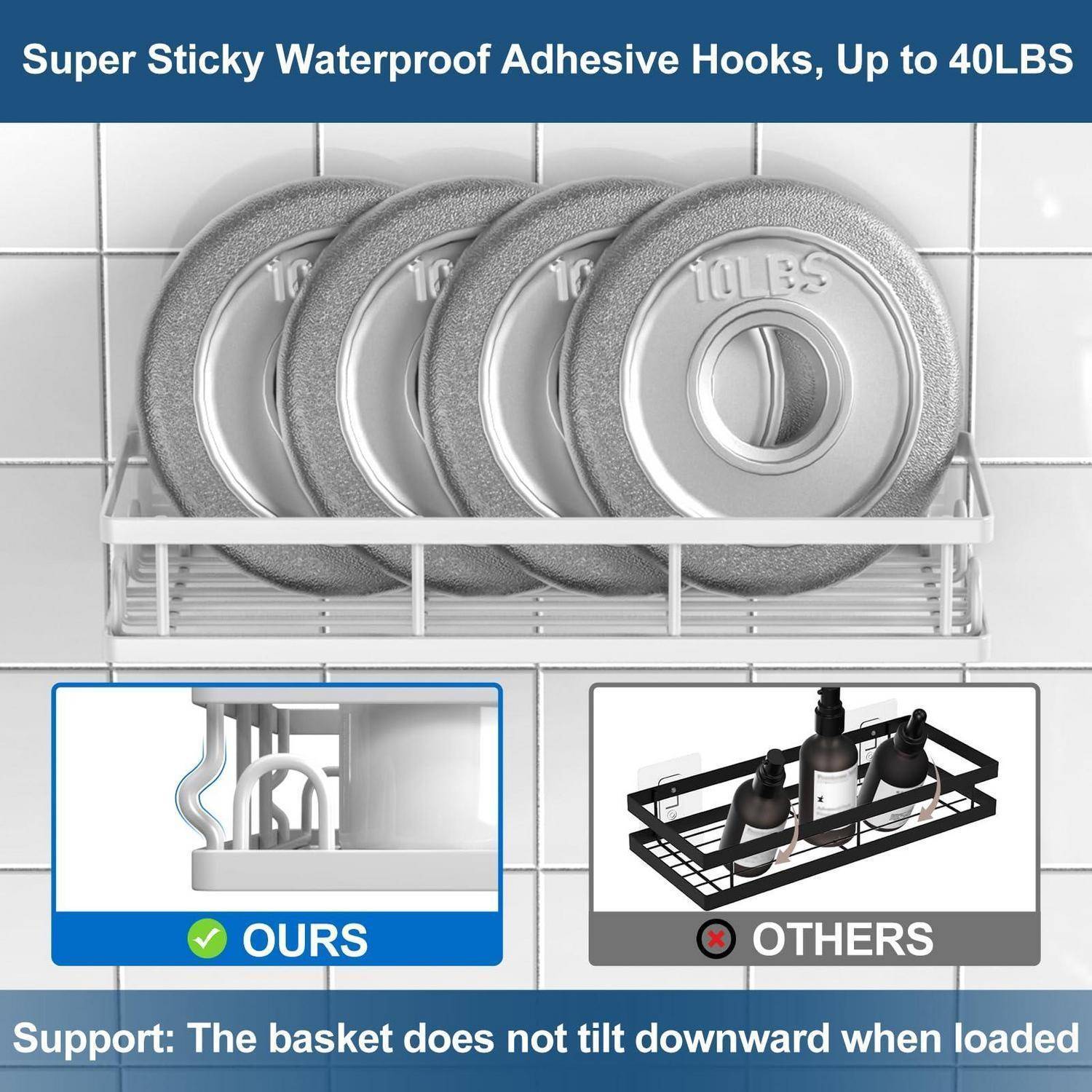 Werbegrafik für „Super Sticky Waterproof Adhesive Hooks, bis zu 40 LBS" zeigt Haken, die einen Korb mit Tellern halten; vergleicht stabile „UNSERE"" mit kippenden „ANDERE"".