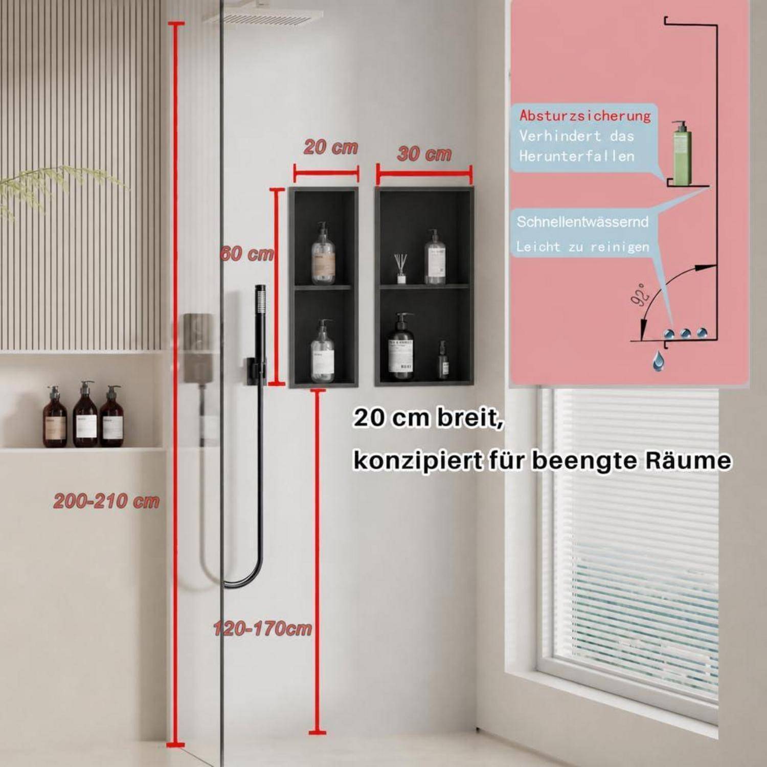 Badezimmer-Aufbewahrungsregale und Duschorganizer mit den Maßen: 20 cm breit, 30 cm tief, 80 cm hoch, für enge Räume; mit Spritzschutz und schneller Entwässerung.
