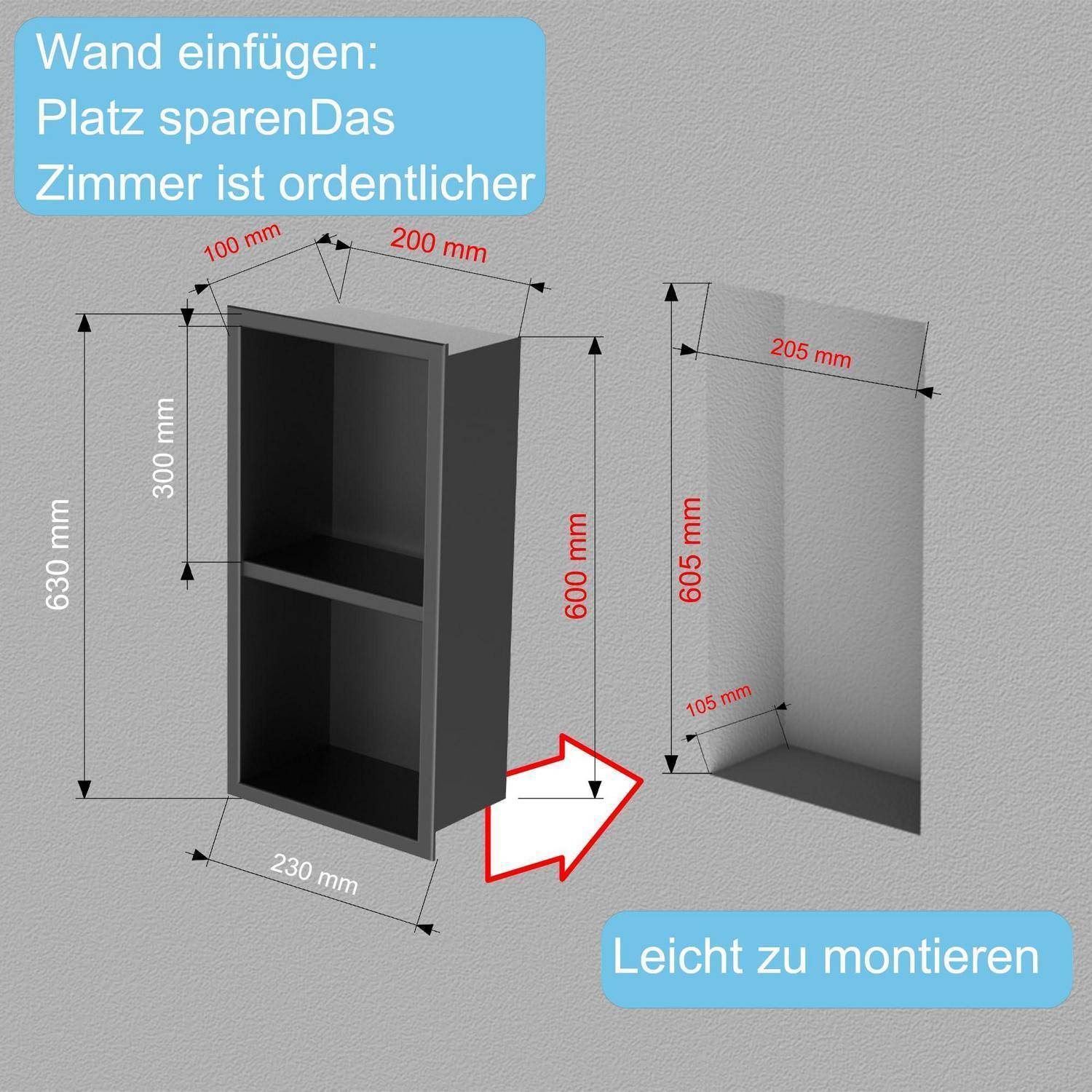 Diagramm zeigt ein Wandeinbau-Schrank, der in eine Nische passt, mit Maßen und Pfeilen; deutscher Text besagt, dass es Platz spart, den Raum aufgeräumter macht und einfach zu installieren ist.