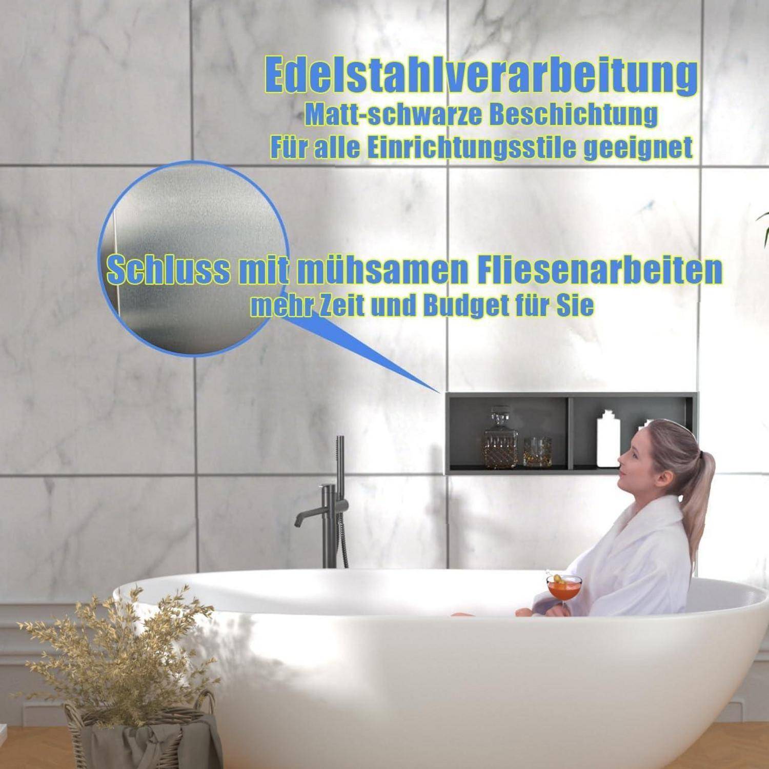 Badezimmer mit großen Wand- und Bodenfliesen, die eine Beschichtung aus "Edelstahlverarbeitung"" in Matt-Schwarz fördern, mit der Aussage, dass es keine mühsame Fliesenarbeit mehr gibt, mehr Zeit und Budget.