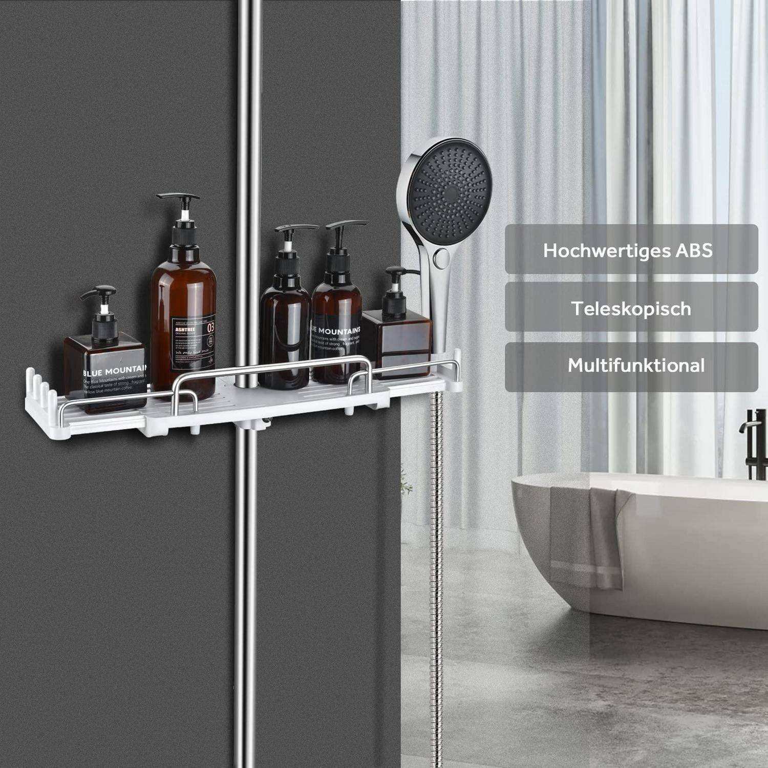 Badezimmer-Duschablage mit verstellbarem Regal zum Halten von Flaschen und einer Handbrause; überlagert Text sagt „Hochwertiges ABS", „Teleskopisch"", „Multifunktional"".