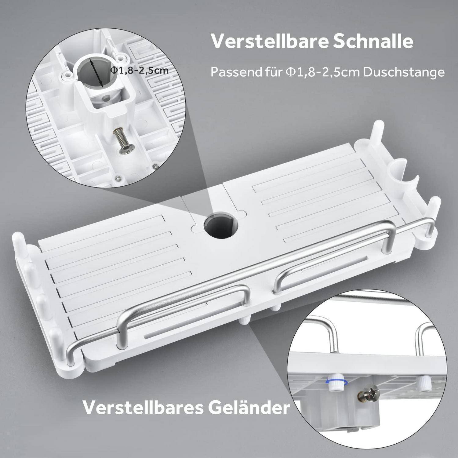 # Produktbild eines verstellbaren weißen Duschregals mit Geländern und Saugnapfhalterungen, beschriftet in Deutsch für eine 1,8–2,5 cm Duschstange und verstellbare Halterungen.