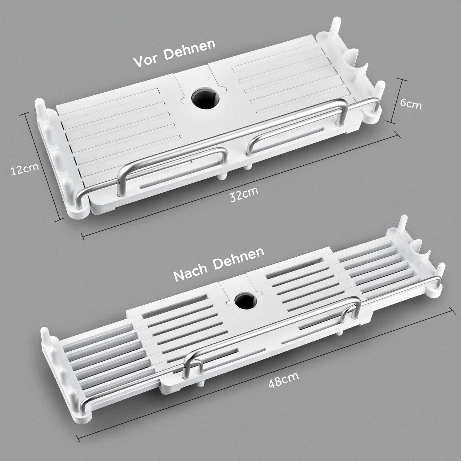 Diagramm zeigt ein verstellbares weißes Badewannentablett vor und nach der Erweiterung: 32 cm x 12 cm x 6 cm expandiert auf 48 cm Länge.