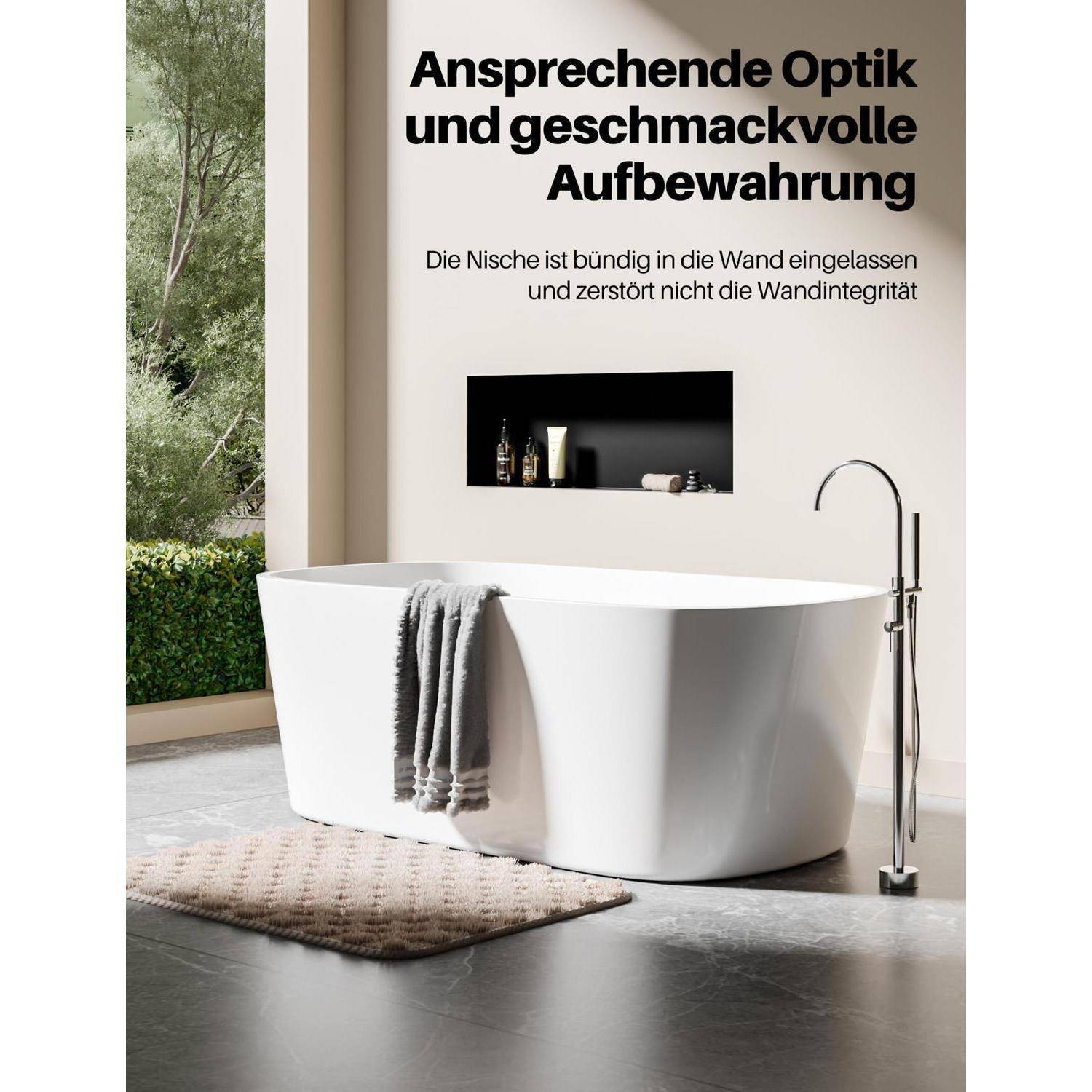 Modernes Badezimmer mit freistehender weißer Wanne, Wandnische und deutscher Text, der stilvolle Lagerung und saubere Wandintegration bewirbt.