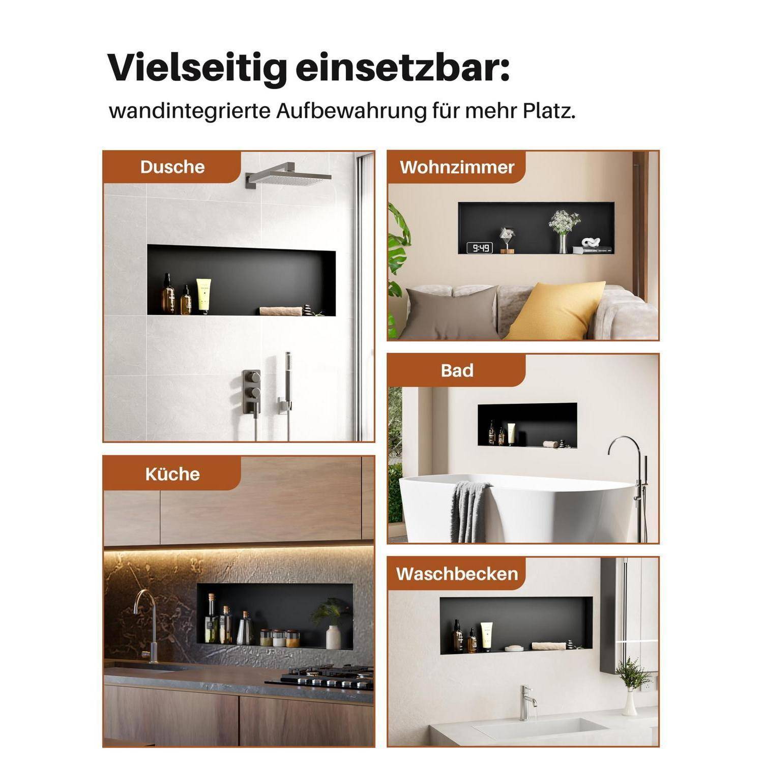 Einbaunische Edelstahl matt schwarz 90x30cm wasserfest rostfrei
