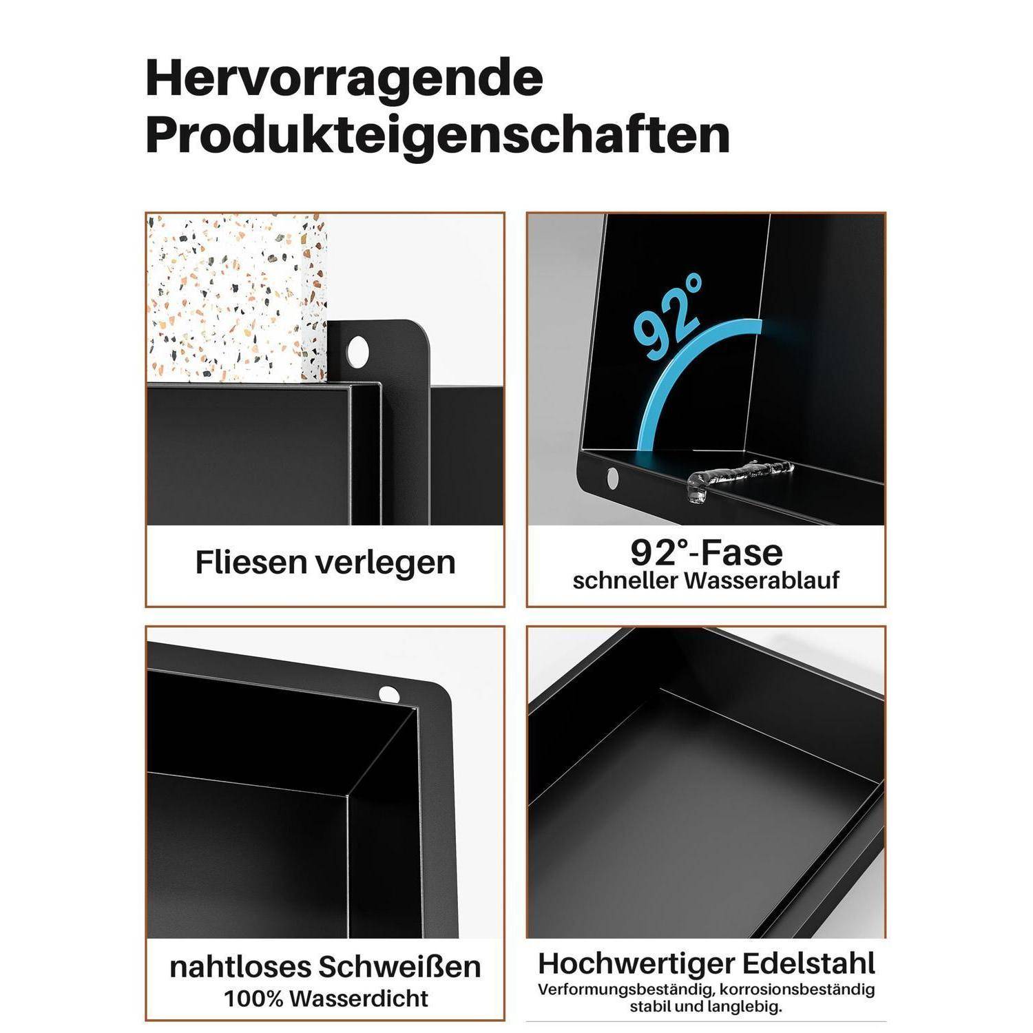 Grafik mit vier Feldern zum Thema Produkteigenschaften mit dem Titel „Hervorragende Produkteigenschaften", das eine schwarze Duschwanne zeigt: Fliesenverlegung, 92°-Fase für schnellere Entwässerung, nahtlose Schweißung und hochwertigem, verformungs- und korrosionsbeständigem Edelstahl.