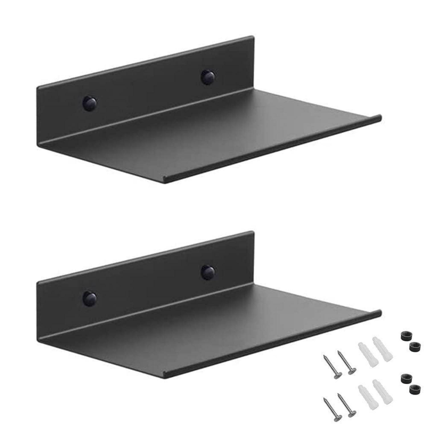 Zwei schwarze an der Wand montierte schwebende Regale mit Schrauben und Dübeln, die zur Installation angezeigt werden.