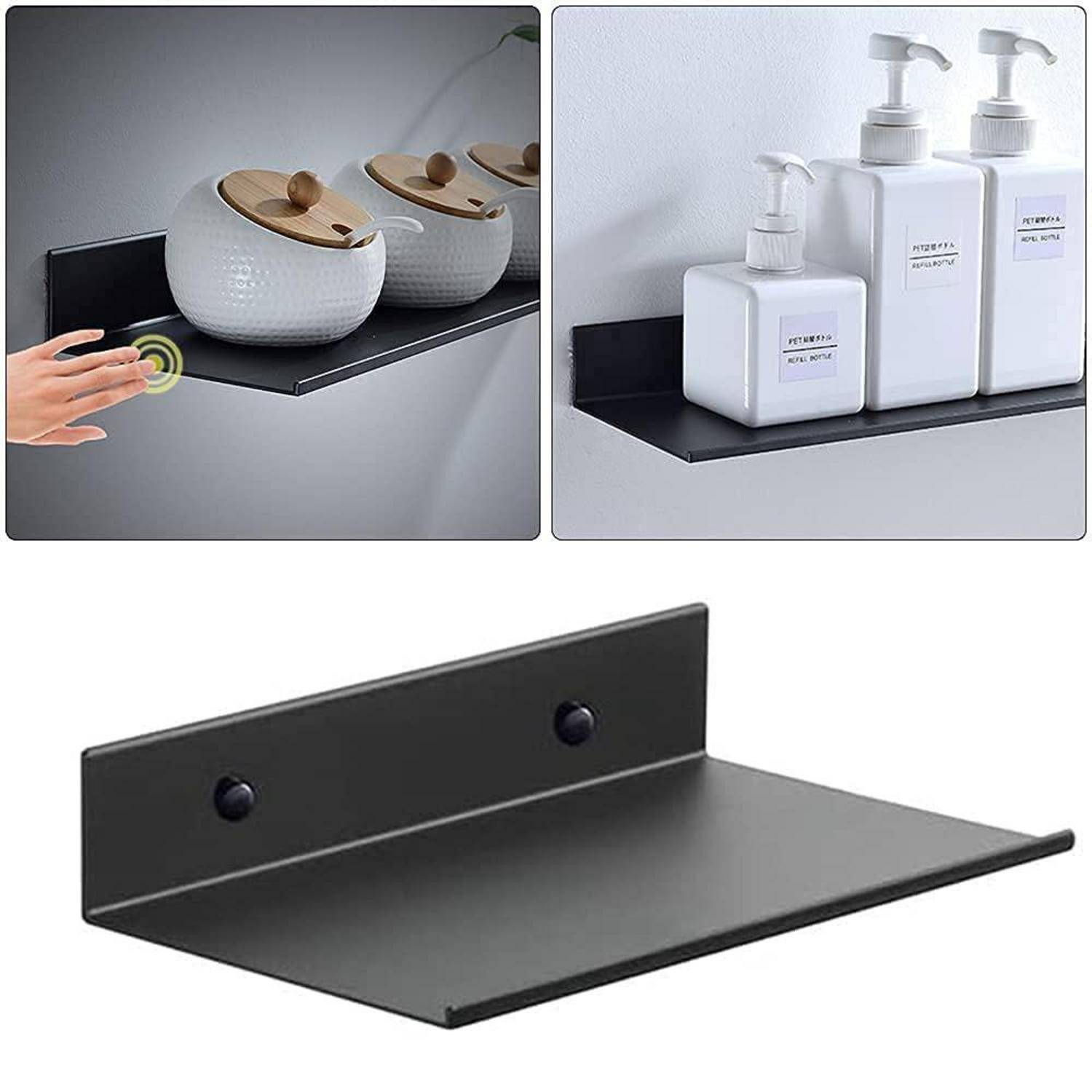 Schwarzes, wandmontiertes Regal mit erhöhtem hinteren Rand und zwei Schrauchlöchern, in Beispielfotos mit Badezimmergläsern und Pumpflaschen bestückt dargestellt.