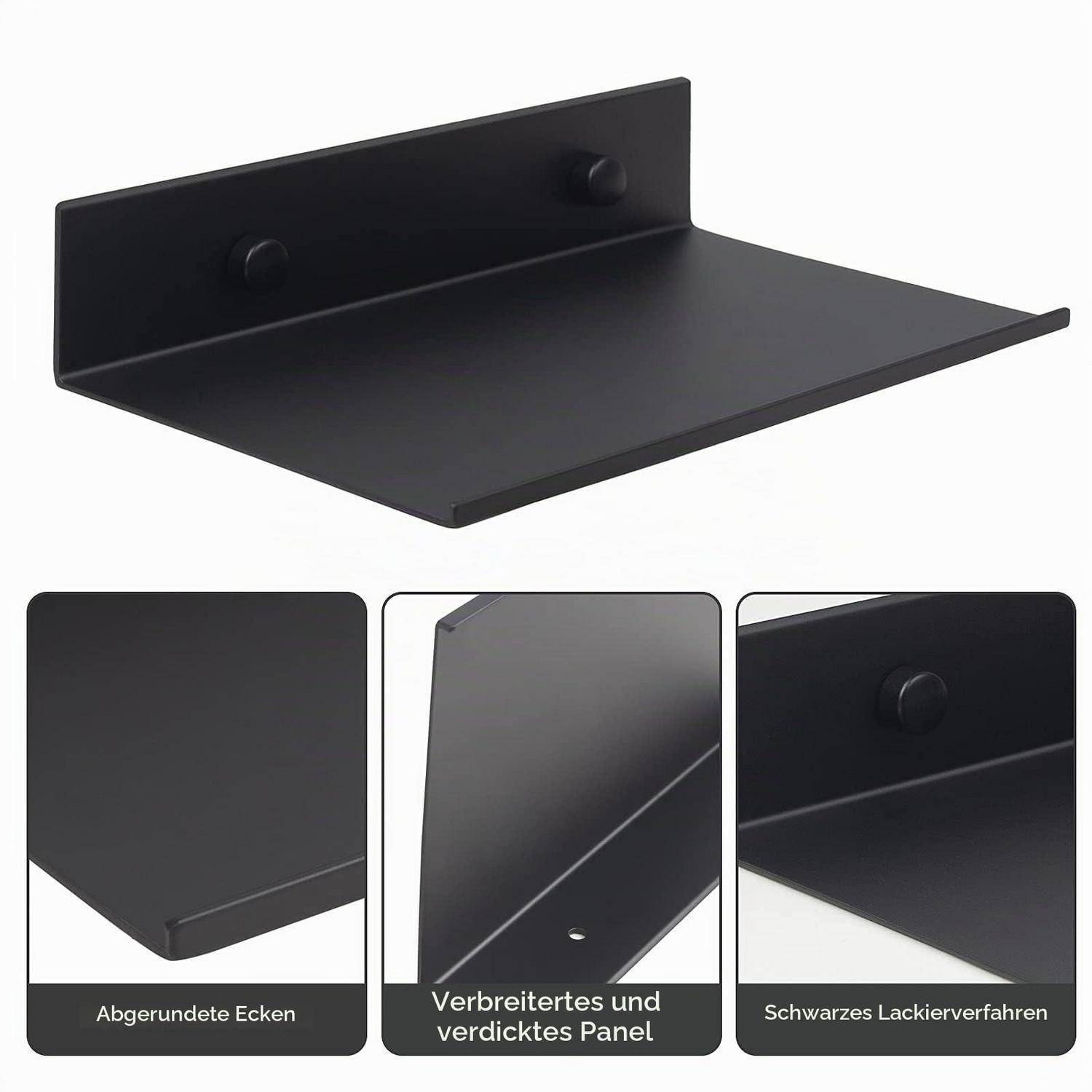 Schwarzes, wandmontiertes Metallregal mit abgerundeten Ecken, verstärktem Panel und verdeckten Schraubenbefestigungen; Produktdetailaufnahmen zeigen die Oberfläche und Kanten.