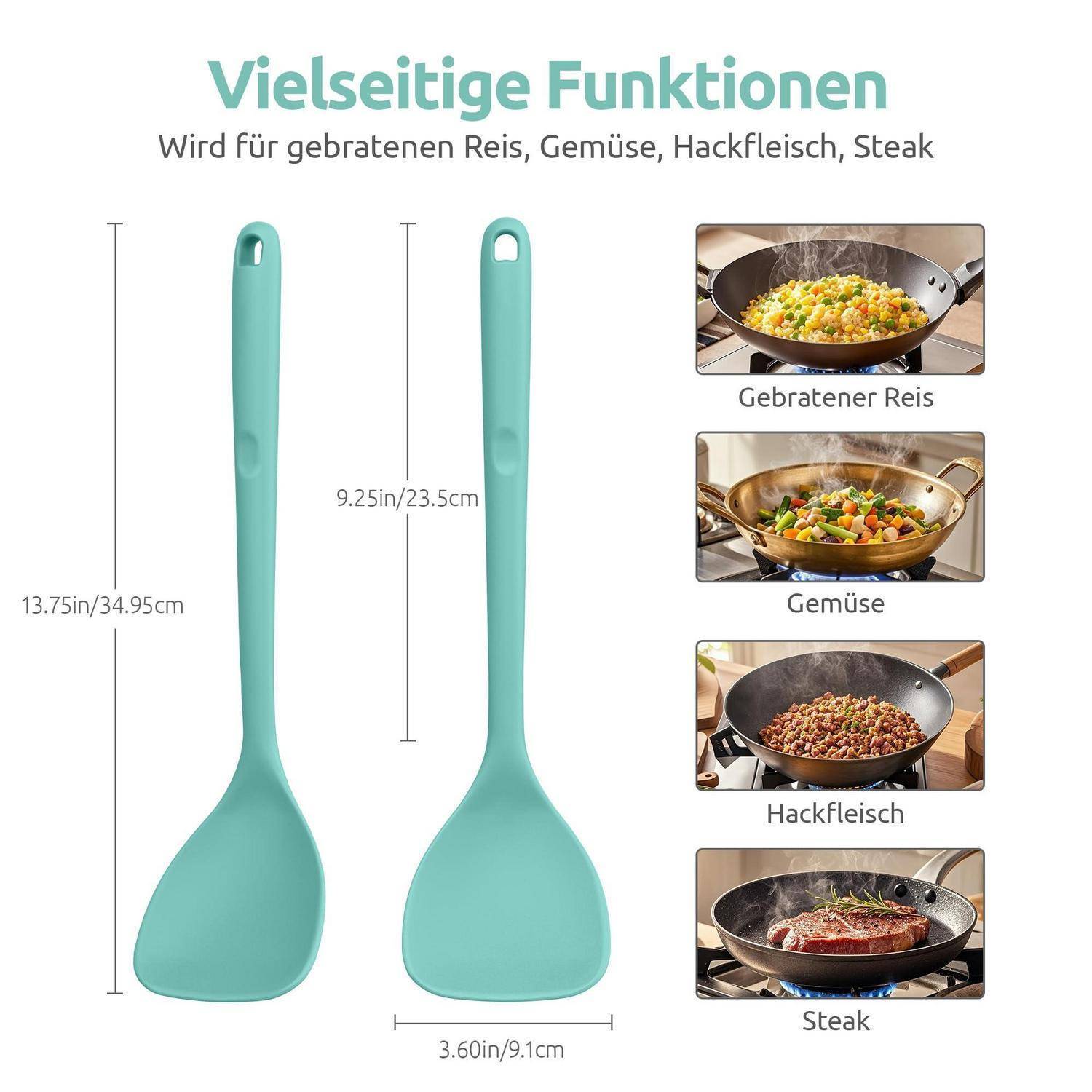 Deutsches Produktbild mit einer Türkis-Kochschaufel und Verwendungen: Gebratener Reis, Gemüse, Hackfleisch und Steak; Abmessungen 34,95 cm lang, 23,5 cm Griff, 9,1 cm breiter Kopf