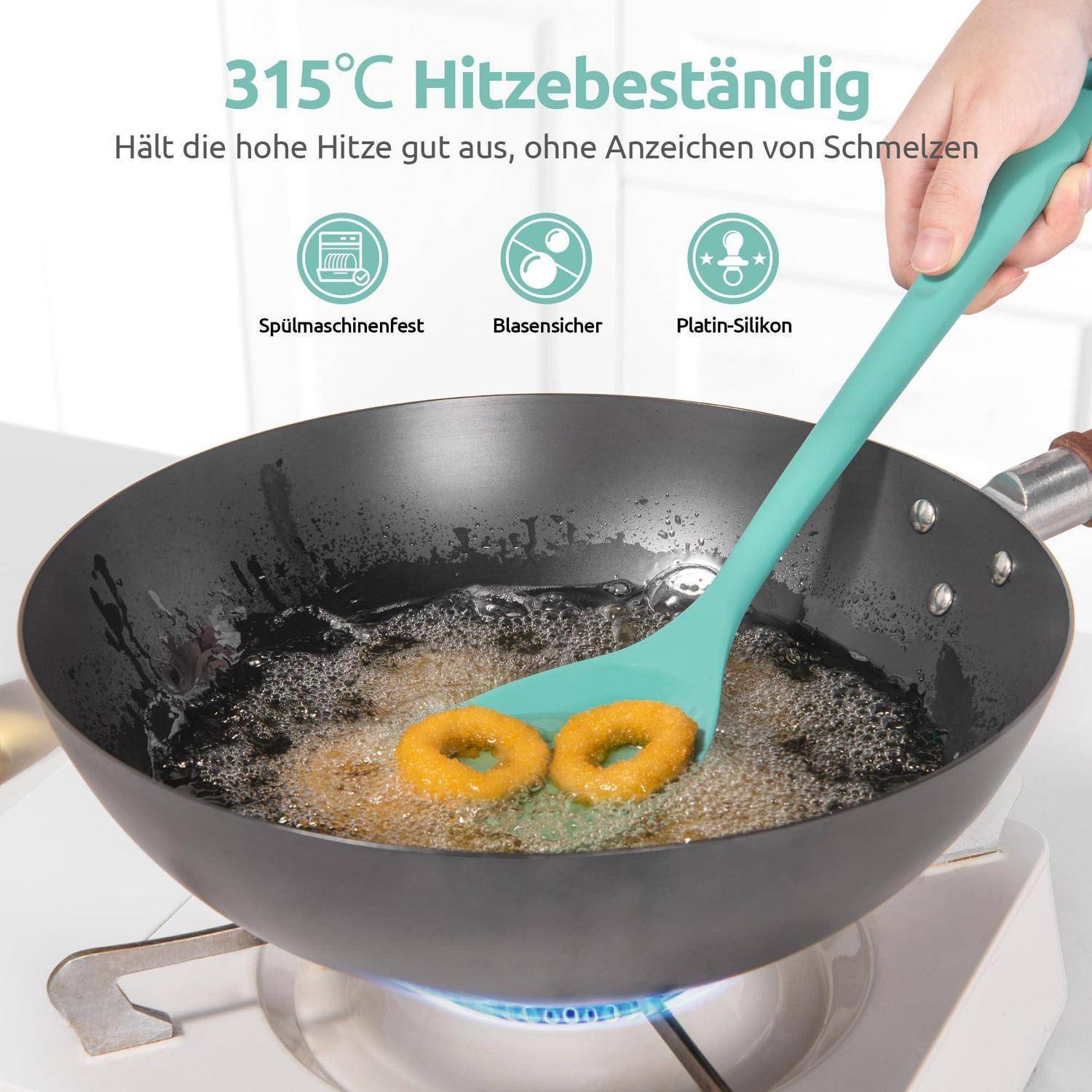 Werbeanzeige mit einem blaugrünen Spatel, der zwei ringförmige Snacks in einem Wok brät und eine Hitzebeständigkeit von 315 °C, Spülmaschinentauglichkeit, Spülmaschinensicherheit und Platinsilikon bewirbt.