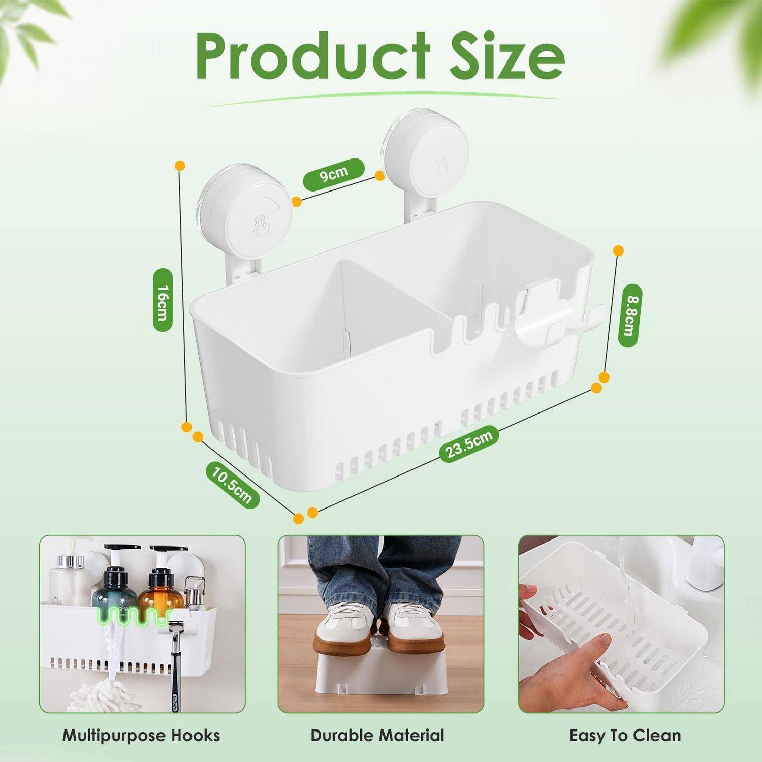 Produktgrößendiagramm eines weißen Saugnap-Aufbewahrungskorbs mit den Abmessungen 23,5 cm breit, 10,5 cm tief, 16 cm hoch und 8,8 cm Seitenhöhe, mit drei Fotos zu den Funktionen: universelle Haken, langlebiges Material, leicht zu reinigen.