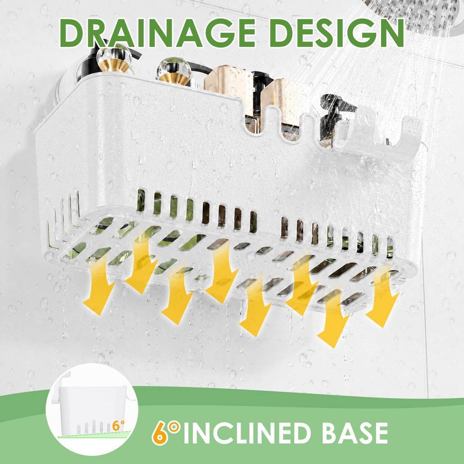 Produktgrafik mit "DRAINAGE DESIGN"" mit Wasser, das durch eine geschlitzte Basis fließt und ""6° GENEIGTE BASIS"" für verbesserte Wasserableitung.