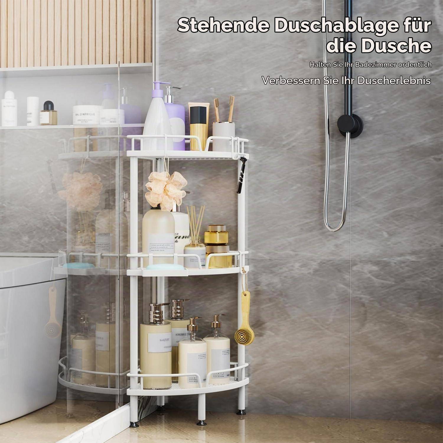 # Weiße dreistufige Eckenduschablage mit Toilettenartikeln in einem Badezimmer neben einer Dusche, mit deutschem Werbetext überlagert: 'Stehende Duschablage für die Dusche