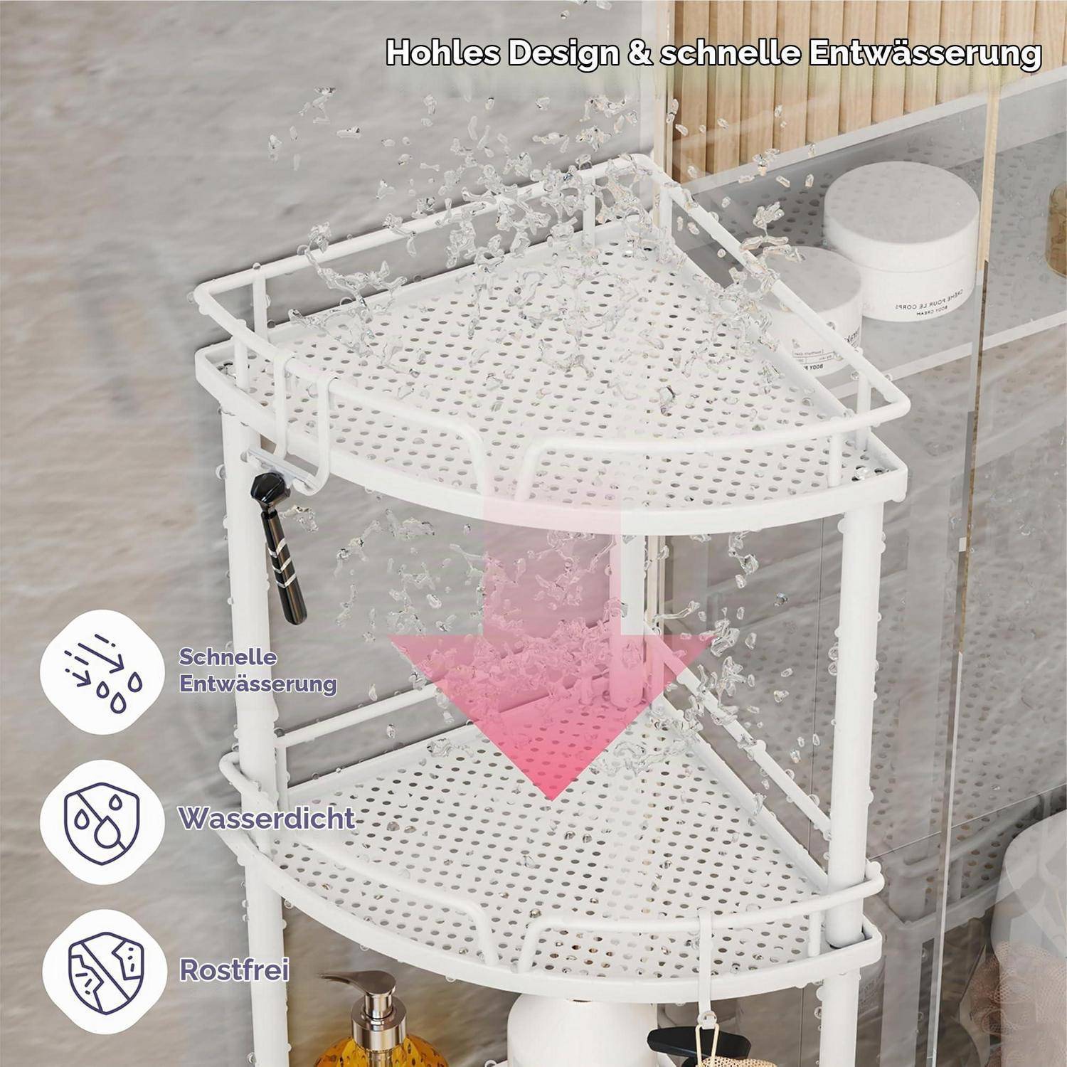 Weiße Eckduschablage mit perforierten Ebenen für schnelle Entwässerung; Anzeigentext auf Deutsch hebt das hohle Design, wasserdichte und rostfreie Eigenschaften hervor.