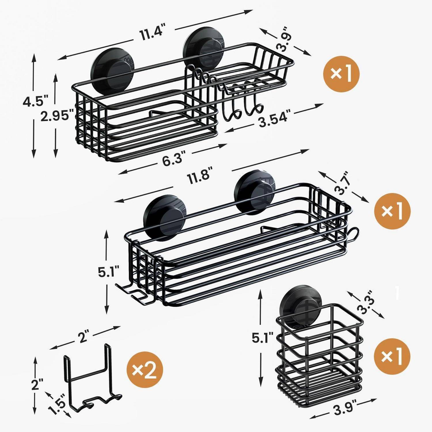 Wandmontiertes schwarzes Metall-Badezimmerorganizer-Set: zwei Drahtregale, ein kleines Behältnis und zwei Haken, jeweils mit Abmessungen dargestellt.