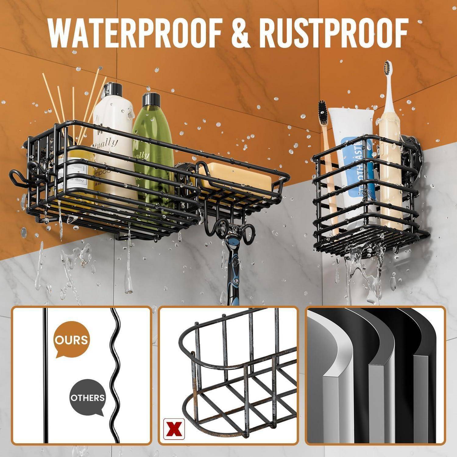 Werbebild von zwei Duschkörben, die Flaschen und Bürsten halten, mit der Aufschrift „WASSERDICHT & ROSTFREI", mit Nahaufnahmen, die eine bessere Beschichtung und ein robusteres Design zeigen.