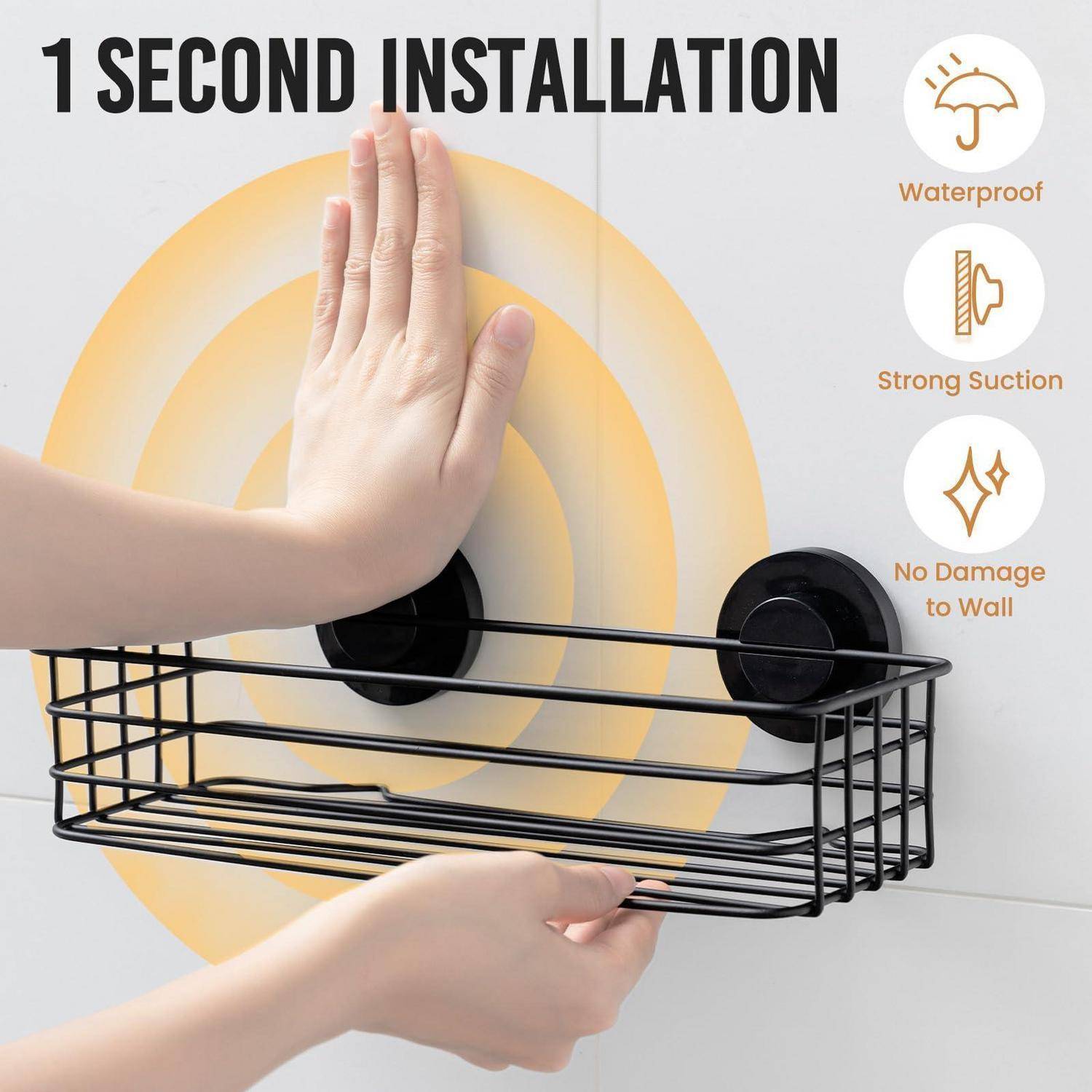 An der Wand montierter Drahtkorb mit Saugnäpfen, die angedrückt werden; Text lautet „1 SEKUNDE INSTALLATION" und behauptet wasserdicht, starke Saugkraft, keine Wandschäden.