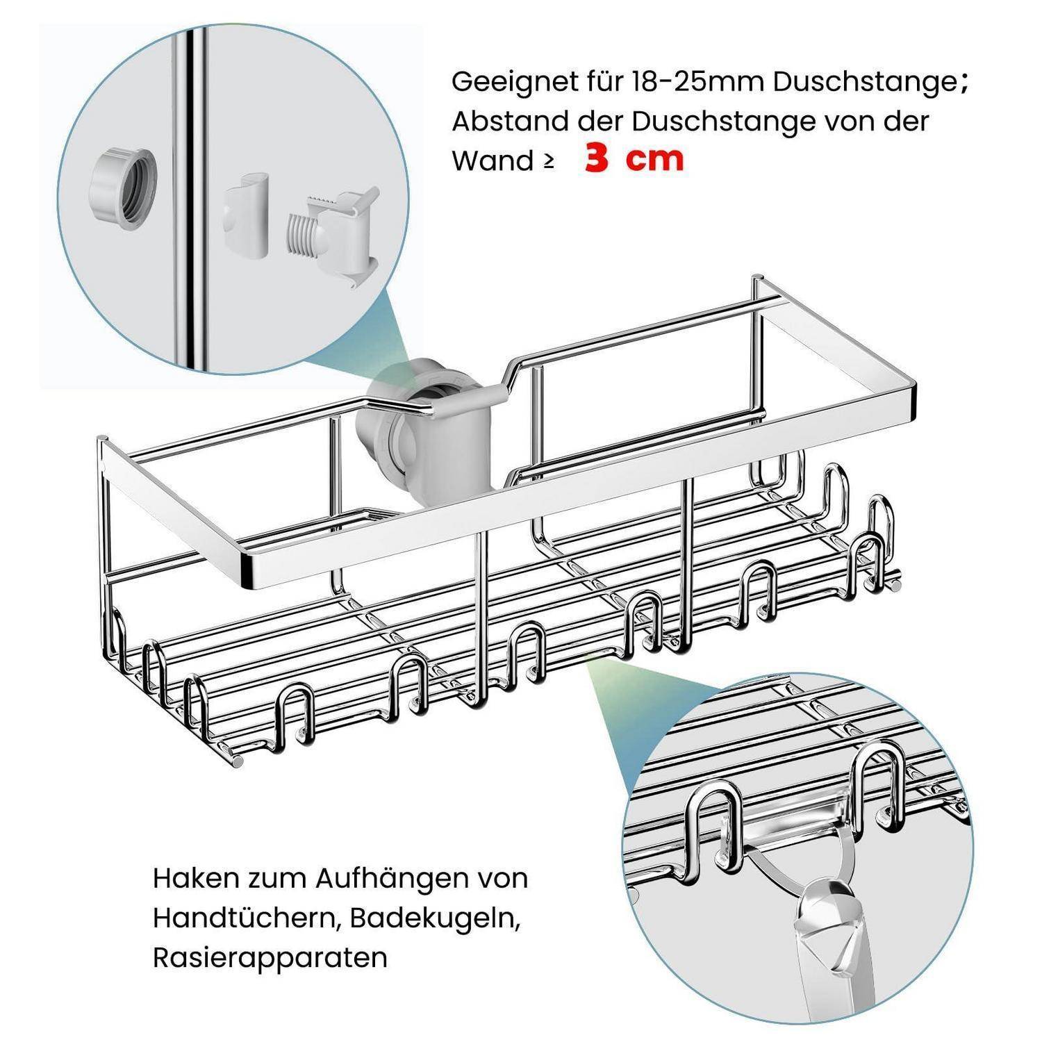 Chrom-Duschablage mit Klemmhalterung für Duschstangen von 18–25 mm, erfordert 3 cm Wandabstand; Haken halten Handtücher, Badebälle und Rasierer.