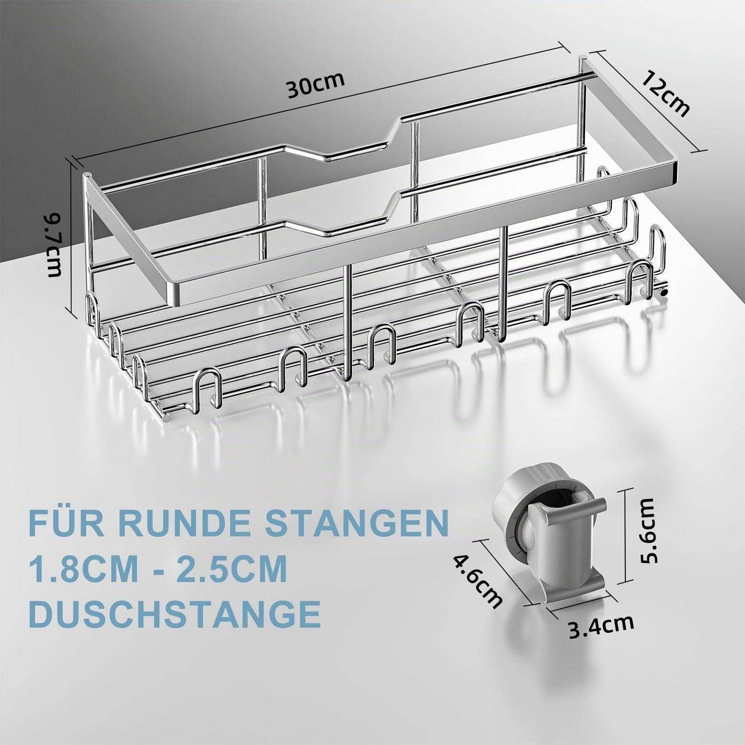 Chrom-Duschablage für runde Duschstangen, dargestellt mit Abmessungen 30 cm x 12 cm x 9,7 cm und Klemme für Stangen mit 1,8-2,5 cm Durchmesser.
