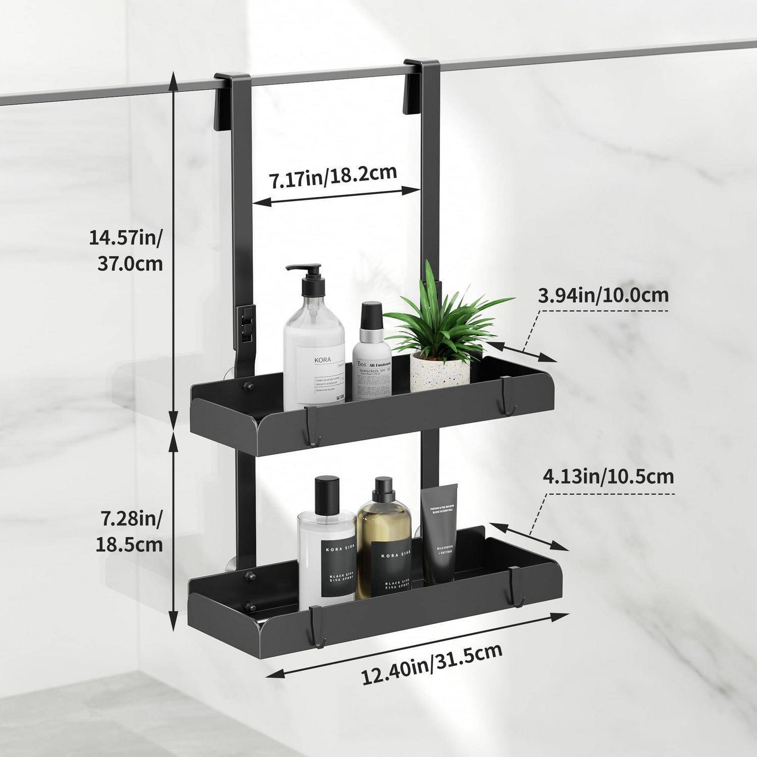 Zweistufiges hängendes Dusch-Regal an einer Glaswand, mit Abmessungen von 12,40 x 7,17 x 14,57 Zoll, mit Flaschen- und Pflanzenspeicher.
