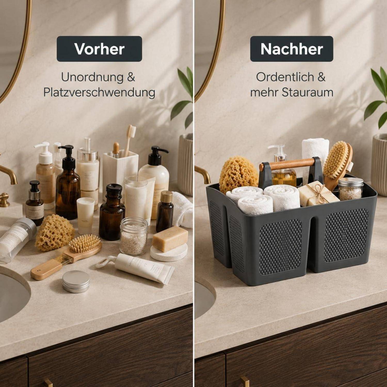 Vorher-und-Nachher-Organisation der Badezimmerablage: Links sind unordentliche Toilettenartikel und verschwendeter Platz zu sehen; rechts zeigen sich ordentlich angeordnete Gegenstände in einem Aufbewahrungsbehälter mit mehr Platz.
