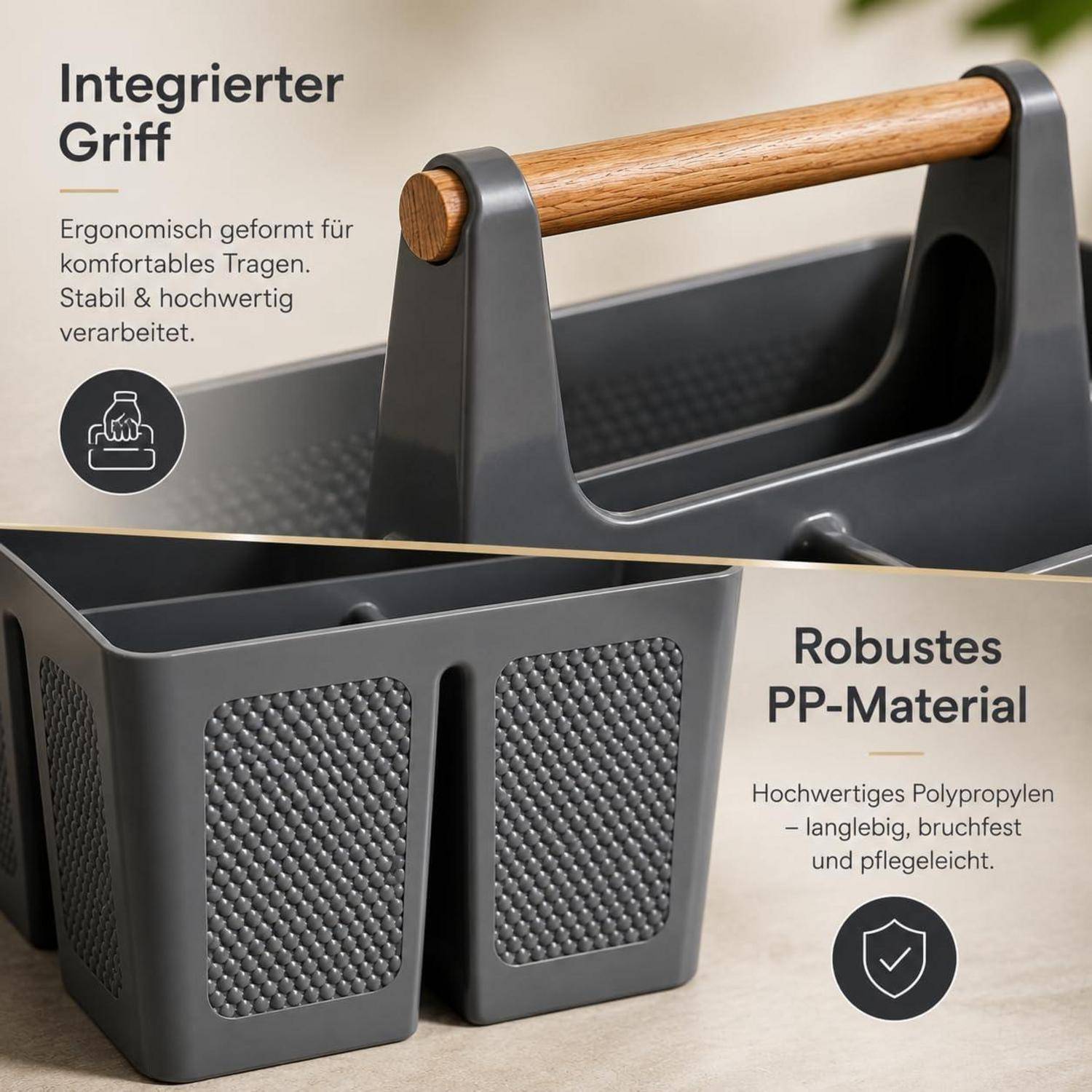 Werbebild einer dunkelgrauen Kunststoff-Lagerkiste mit integriertem Holzgriff, das den ergonomischen Griff und das haltbare PP-Material hervorhebt.