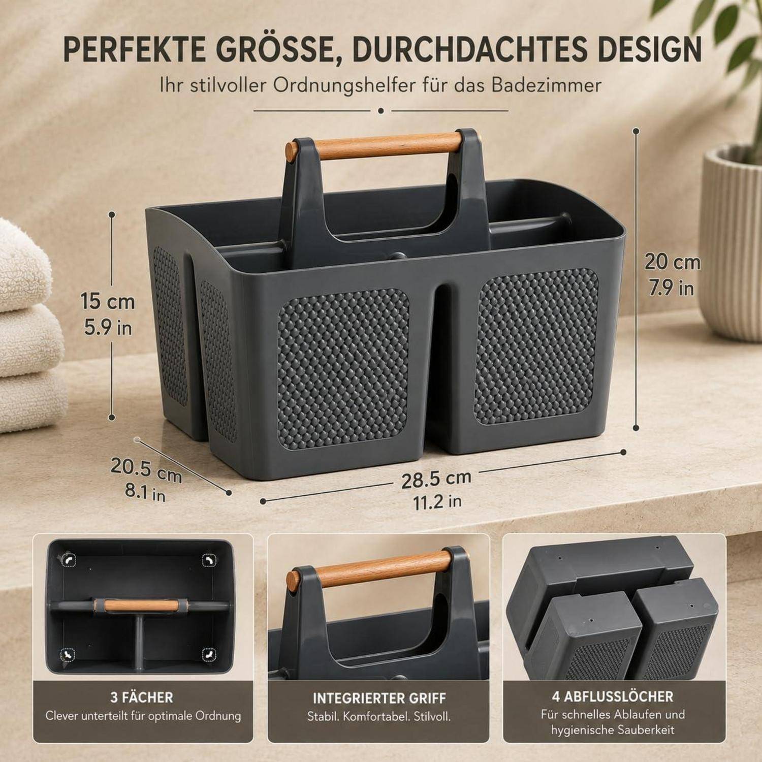 Dunkelgrauer Badezimmer-Organizer-Korb mit Griff, im Deutschen gekennzeichnet als „perfekte Größe, durchdachtes Design", zeigt Abmessungen und drei Fächer mit Ablöchern.