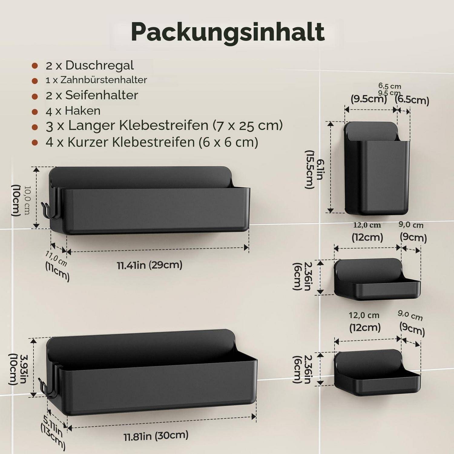 Produktpaketinhalt und Abmessungen für Badezimmerzubehör: 2 Duschablagen, 1 Zahnbürstenhalter, 2 Seifenhalter, 4 Haken und Klebstreifen, mit angezeigten Größenmessungen.