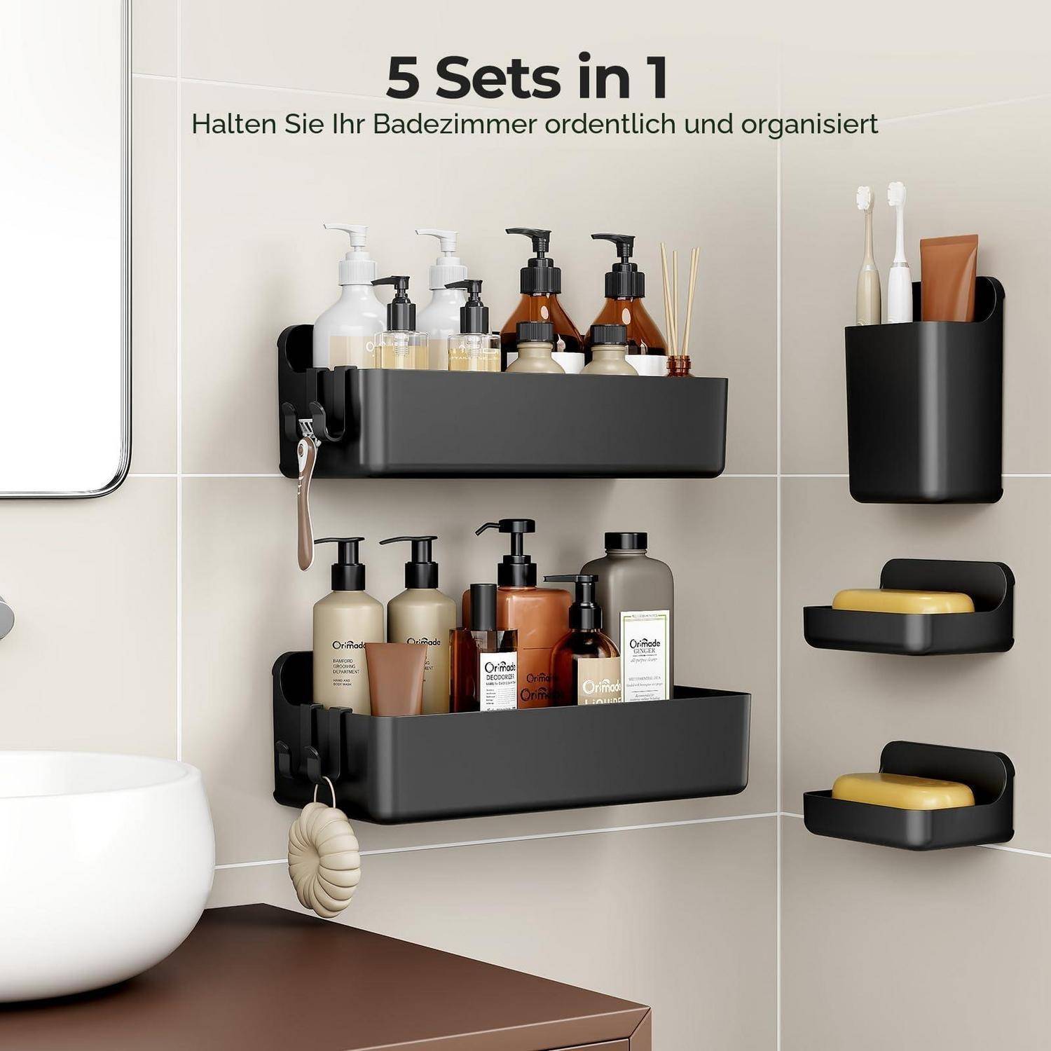 Badezimmer-Wandorganizer-Set mit fünf schwarzen wandmontierten Regalen mit Toilettenartikeln, Seife, Zahnbürsten und Spendern; Text besagt „5 Sets in 1" und „Halten Sie Ihr Badezimmer ordentlich und organisiert"".