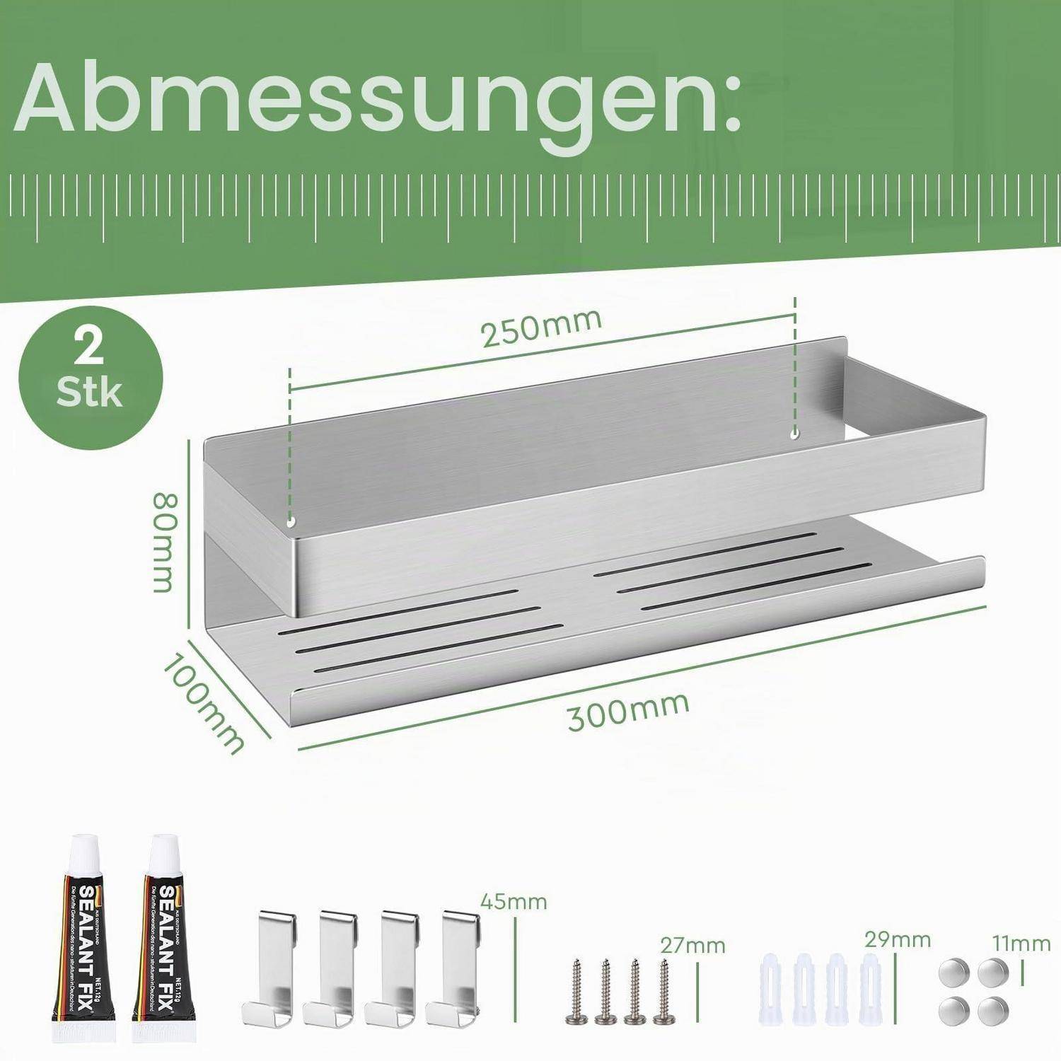 Produktabmessungsdiagramm für 2 Edelstahlbehälter: 300mm Länge, 100mm Breite, 80mm Höhe, mit 250mm innerer Länge, plus beiliegende Montageklammern, Schrauben, Dübel und Kappen.