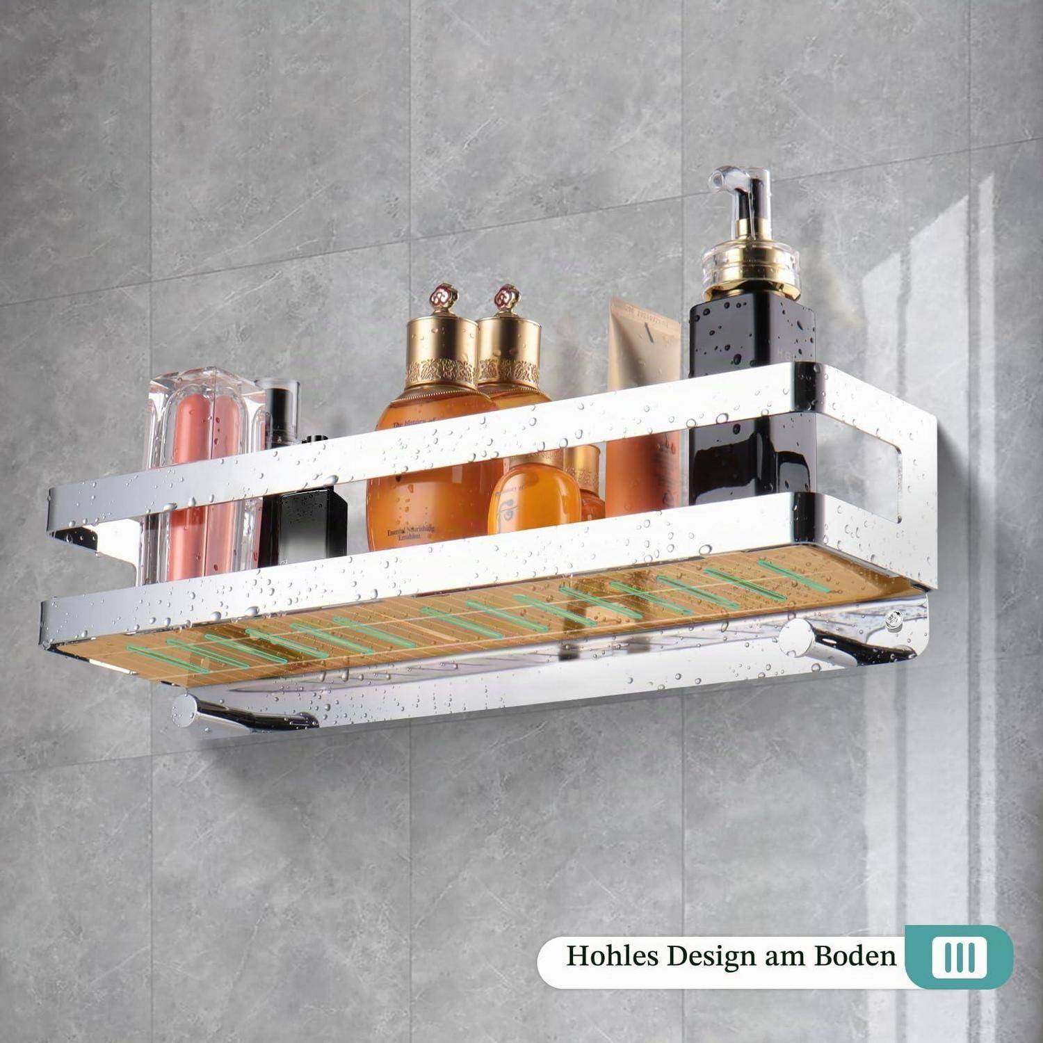 Chromglasablage für Toilettenartikel mit hohlem Boden-Design, das Wasser ablaufen lässt.